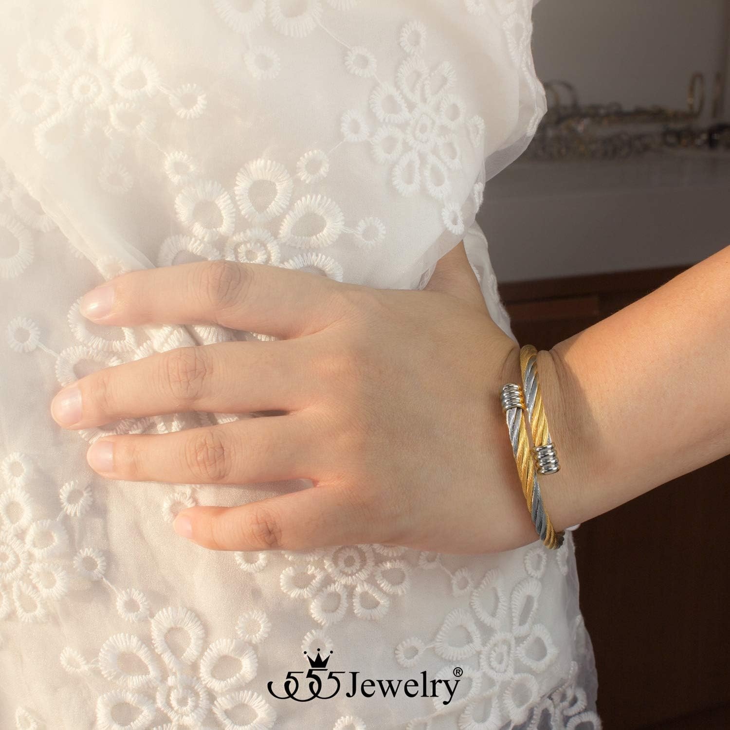 image:image555Jewelry 2 Tone Adjustable Twisted Cable Wire Bangle Bracelet Cuff for Women amp MenGold Silver