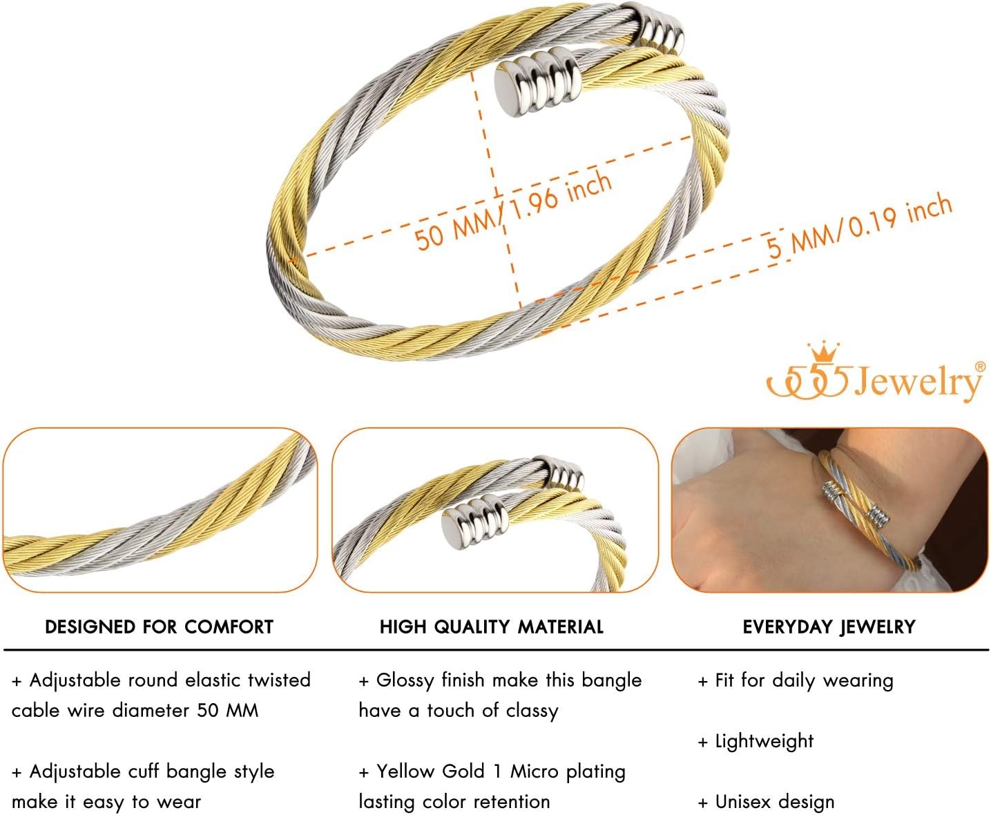 image:image555Jewelry 2 Tone Adjustable Twisted Cable Wire Bangle Bracelet Cuff for Women amp MenGold Silver