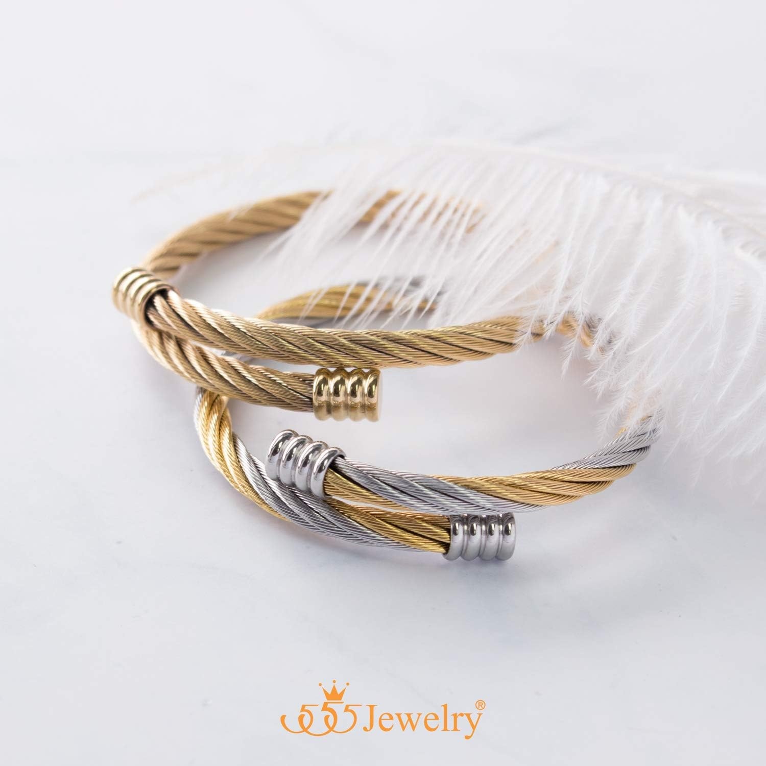 image:image555Jewelry 2 Tone Adjustable Twisted Cable Wire Bangle Bracelet Cuff for Women amp MenGold Silver