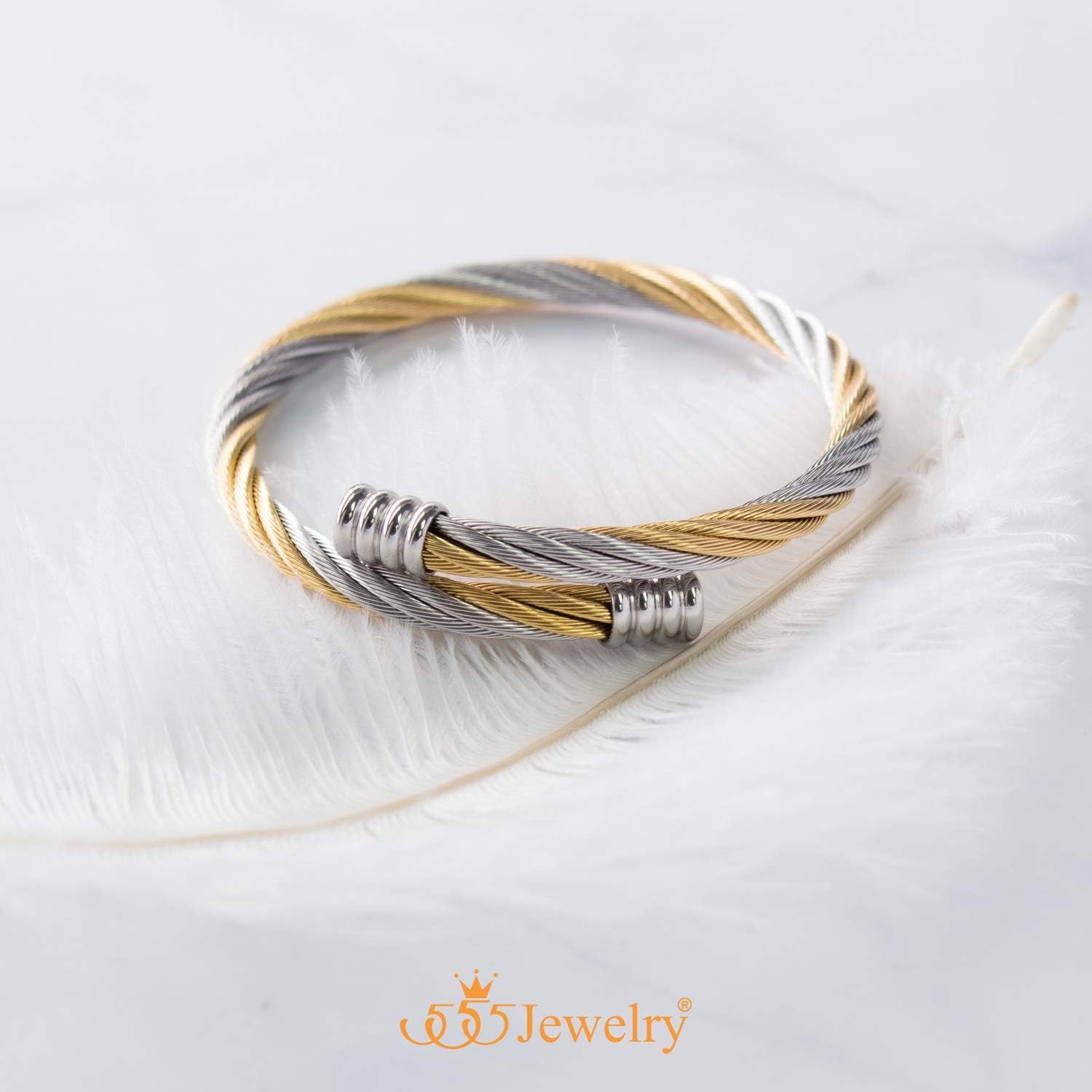 image:image555Jewelry 2 Tone Adjustable Twisted Cable Wire Bangle Bracelet Cuff for Women amp MenGold Silver
