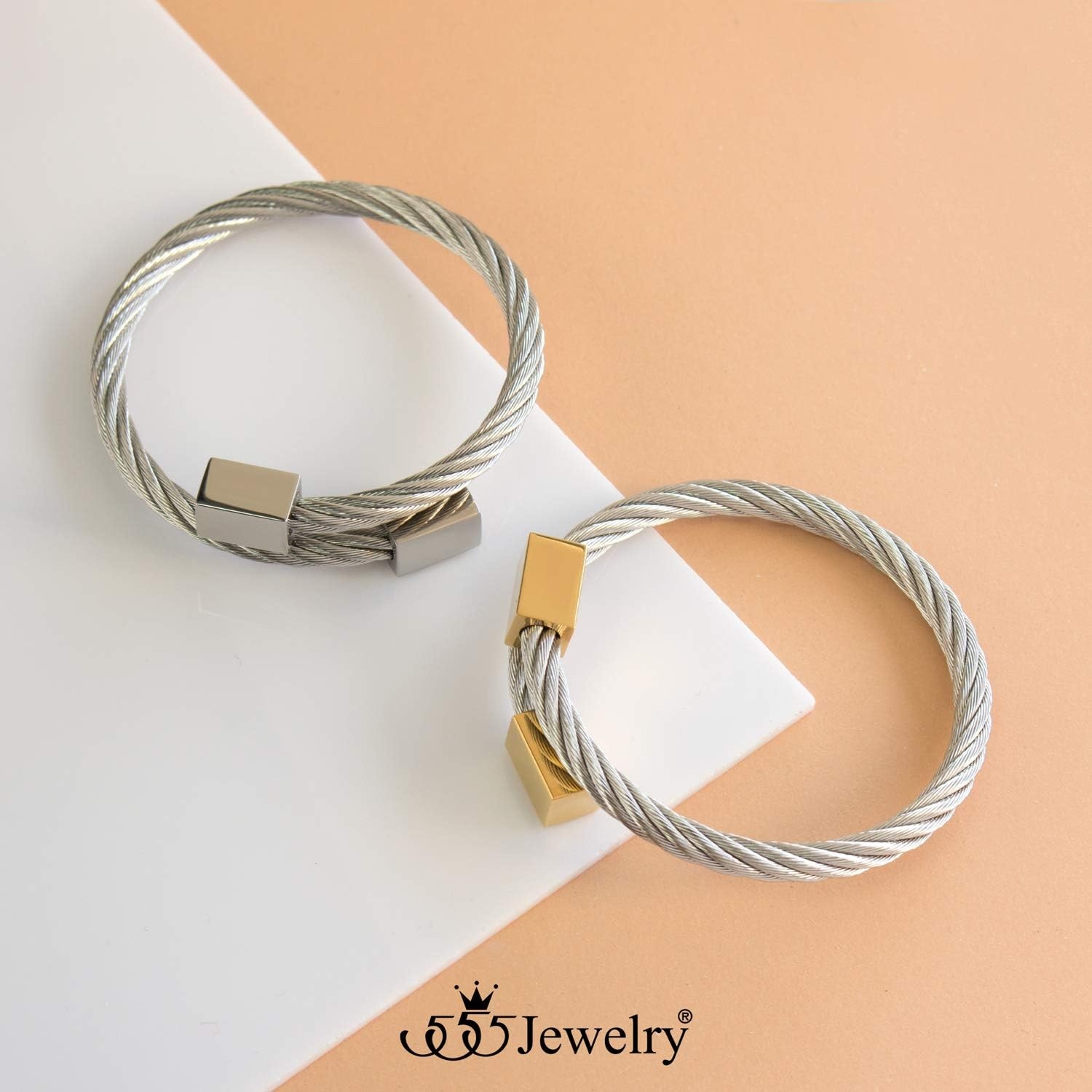image:image555Jewelry 2 Tone Adjustable Twisted Cable Wire Bangle Bracelet Cuff for Women amp MenGold Square Endings