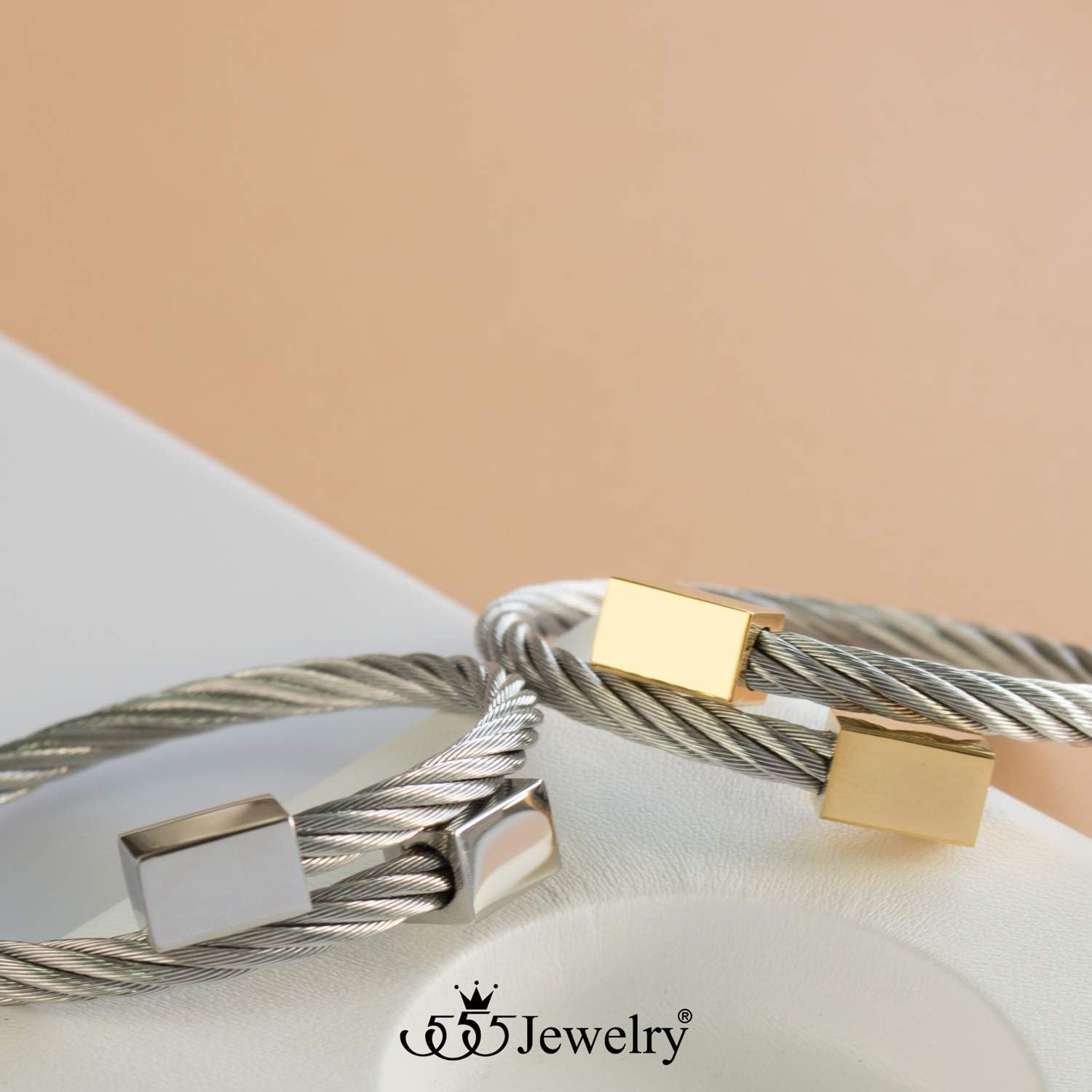image:image555Jewelry 2 Tone Adjustable Twisted Cable Wire Bangle Bracelet Cuff for Women amp MenGold Square Endings