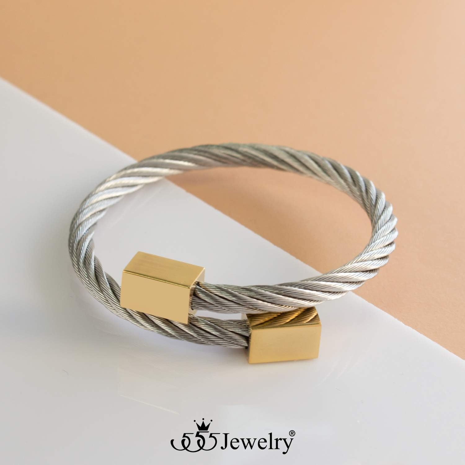 image:image555Jewelry 2 Tone Adjustable Twisted Cable Wire Bangle Bracelet Cuff for Women amp MenGold Square Endings