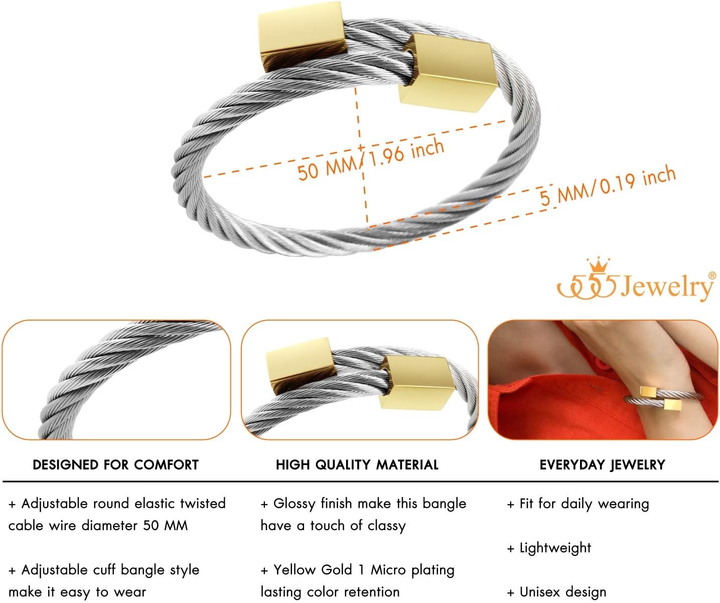 image:image555Jewelry 2 Tone Adjustable Twisted Cable Wire Bangle Bracelet Cuff for Women amp MenGold Square Endings