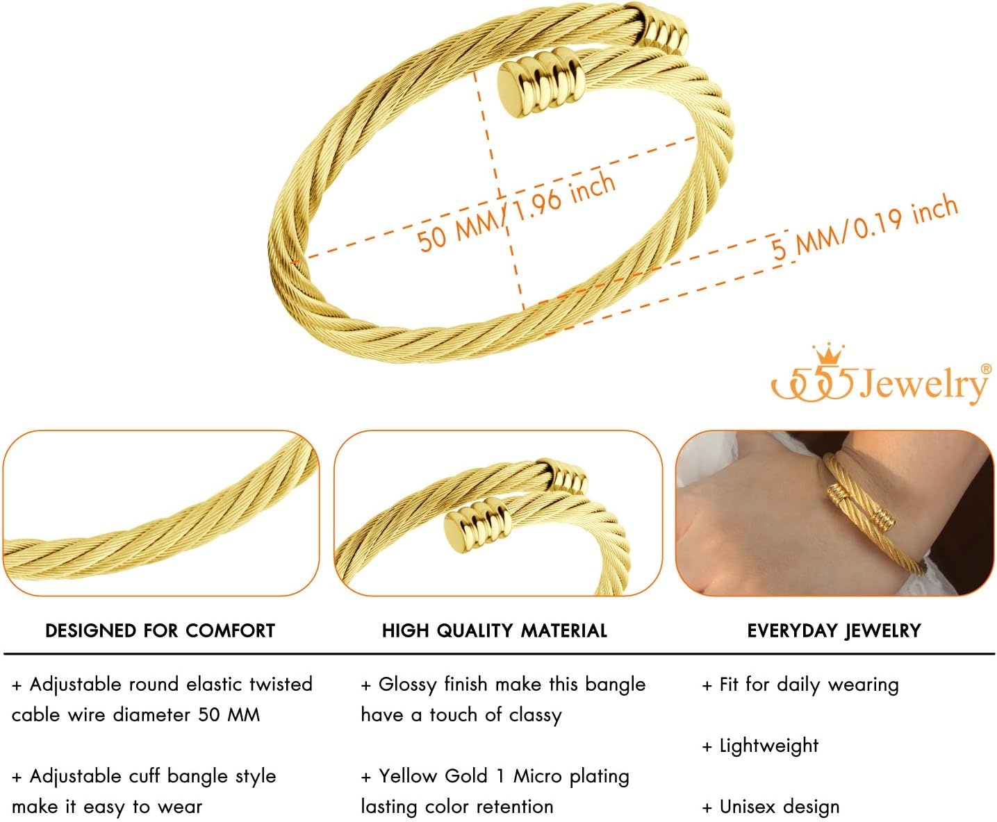 image:image555Jewelry 2 Tone Adjustable Twisted Cable Wire Bangle Bracelet Cuff for Women amp MenGold
