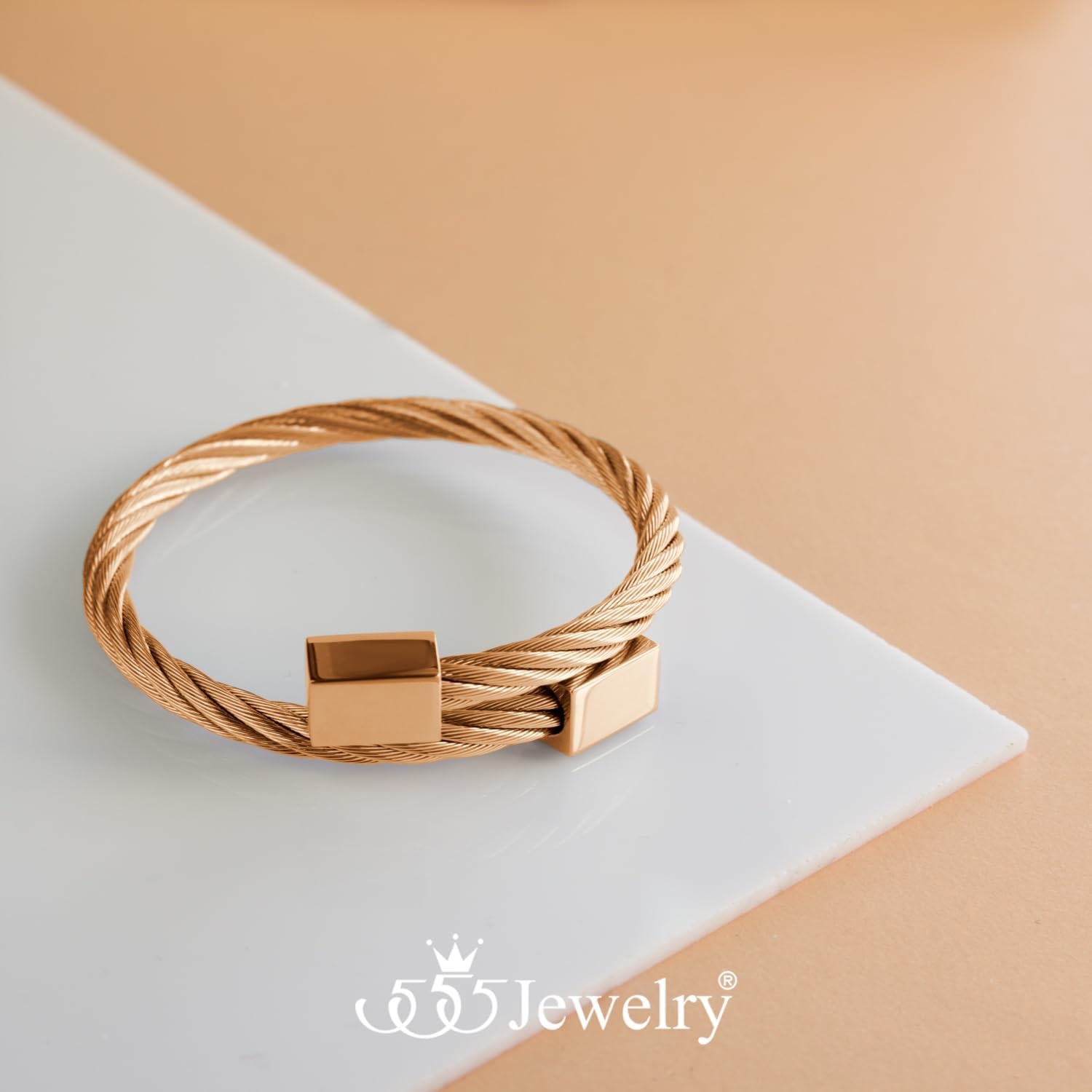 image:image555Jewelry 2 Tone Adjustable Twisted Cable Wire Bangle Bracelet Cuff for Women amp MenRose Gold Square Endings