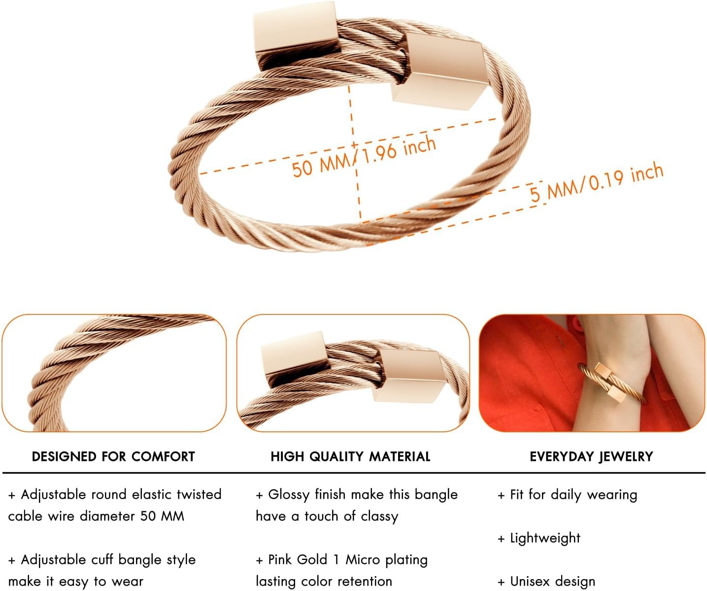 image:image555Jewelry 2 Tone Adjustable Twisted Cable Wire Bangle Bracelet Cuff for Women amp MenRose Gold Square Endings