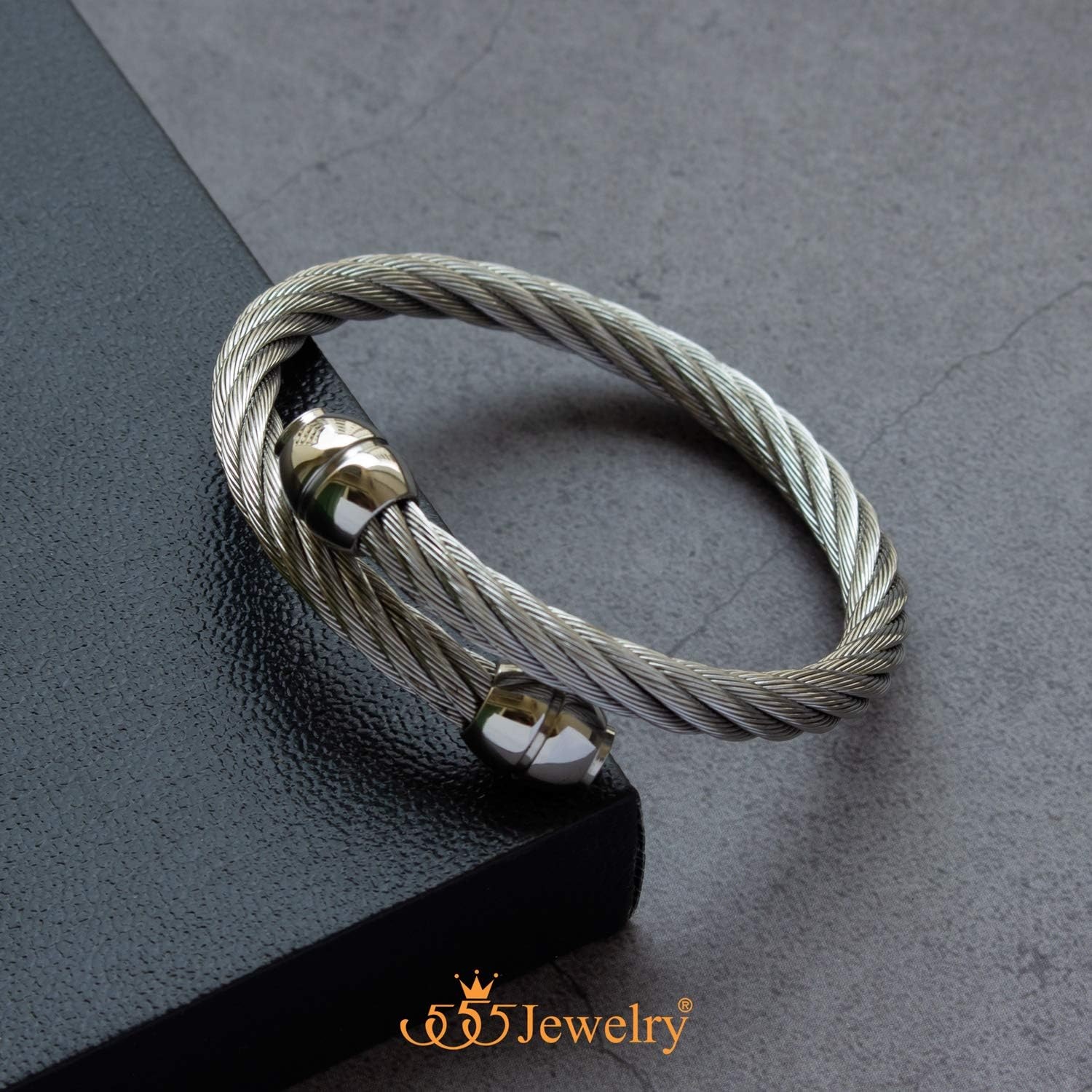 image:image555Jewelry 2 Tone Adjustable Twisted Cable Wire Bangle Bracelet Cuff for Women amp MenSilver Bead Endings