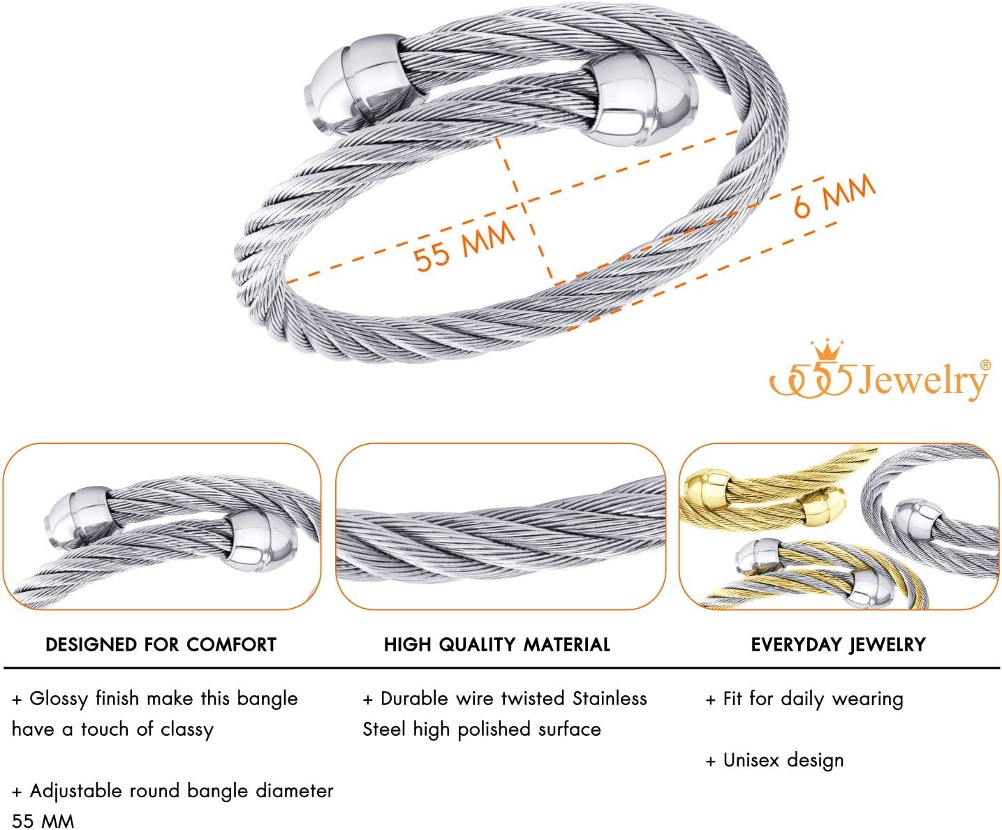 image:image555Jewelry 2 Tone Adjustable Twisted Cable Wire Bangle Bracelet Cuff for Women amp MenSilver Bead Endings