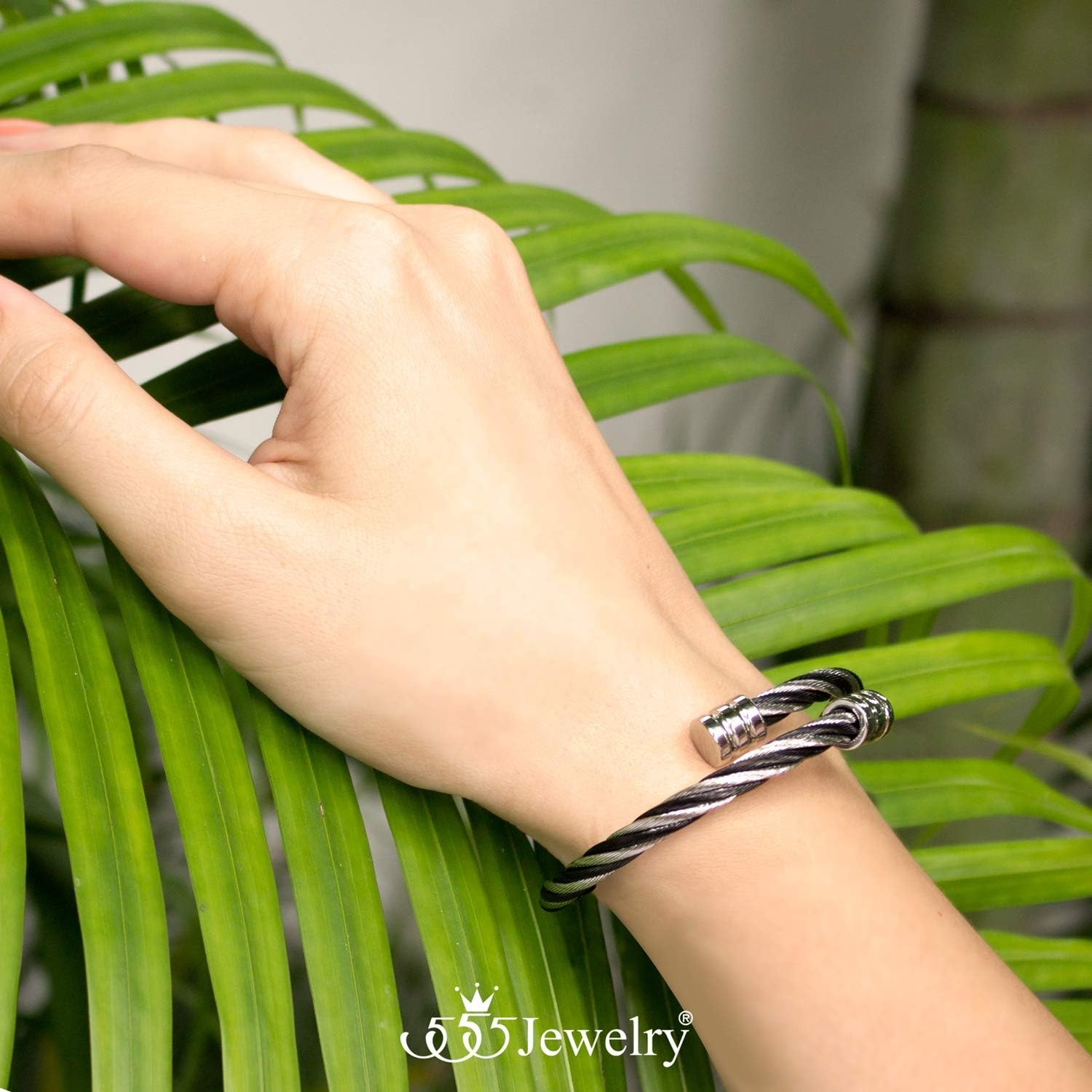 image:image555Jewelry 2 Tone Adjustable Twisted Cable Wire Bangle Bracelet Cuff for Women amp MenSilver Black