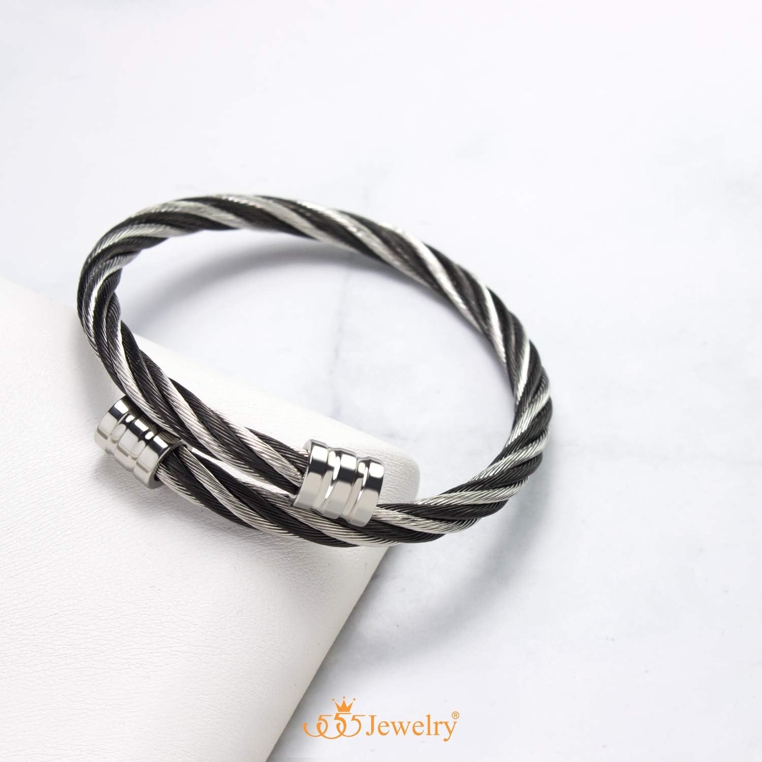 image:image555Jewelry 2 Tone Adjustable Twisted Cable Wire Bangle Bracelet Cuff for Women amp MenSilver Black