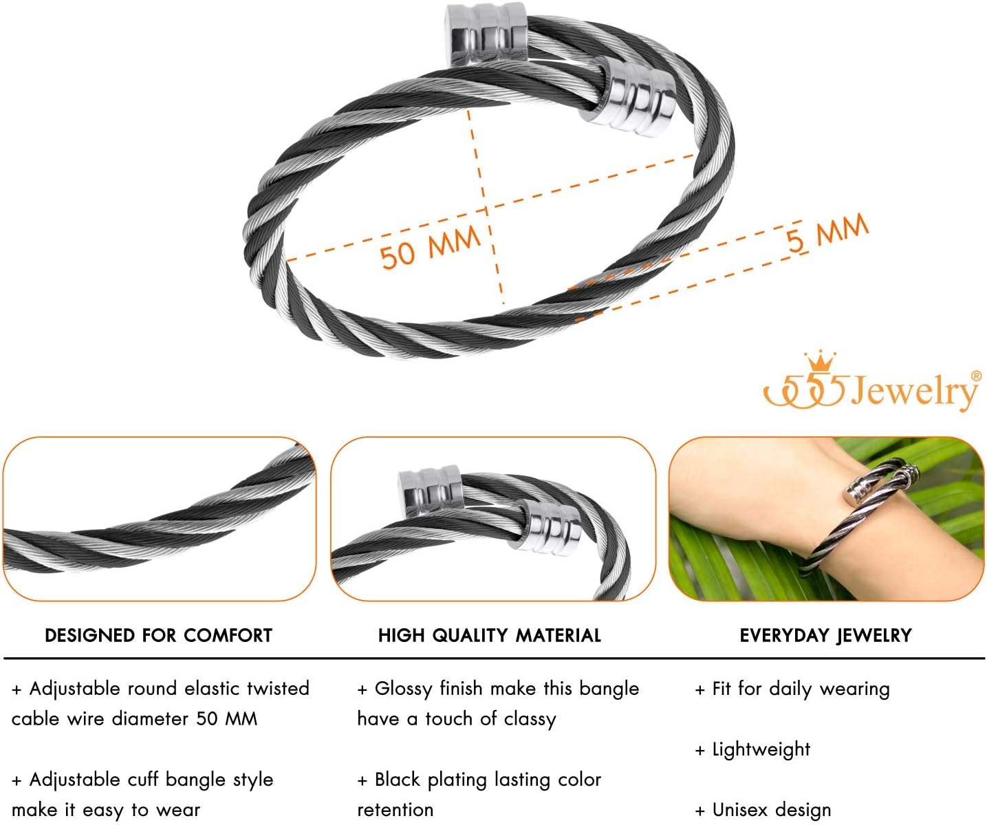 image:image555Jewelry 2 Tone Adjustable Twisted Cable Wire Bangle Bracelet Cuff for Women amp MenSilver Black