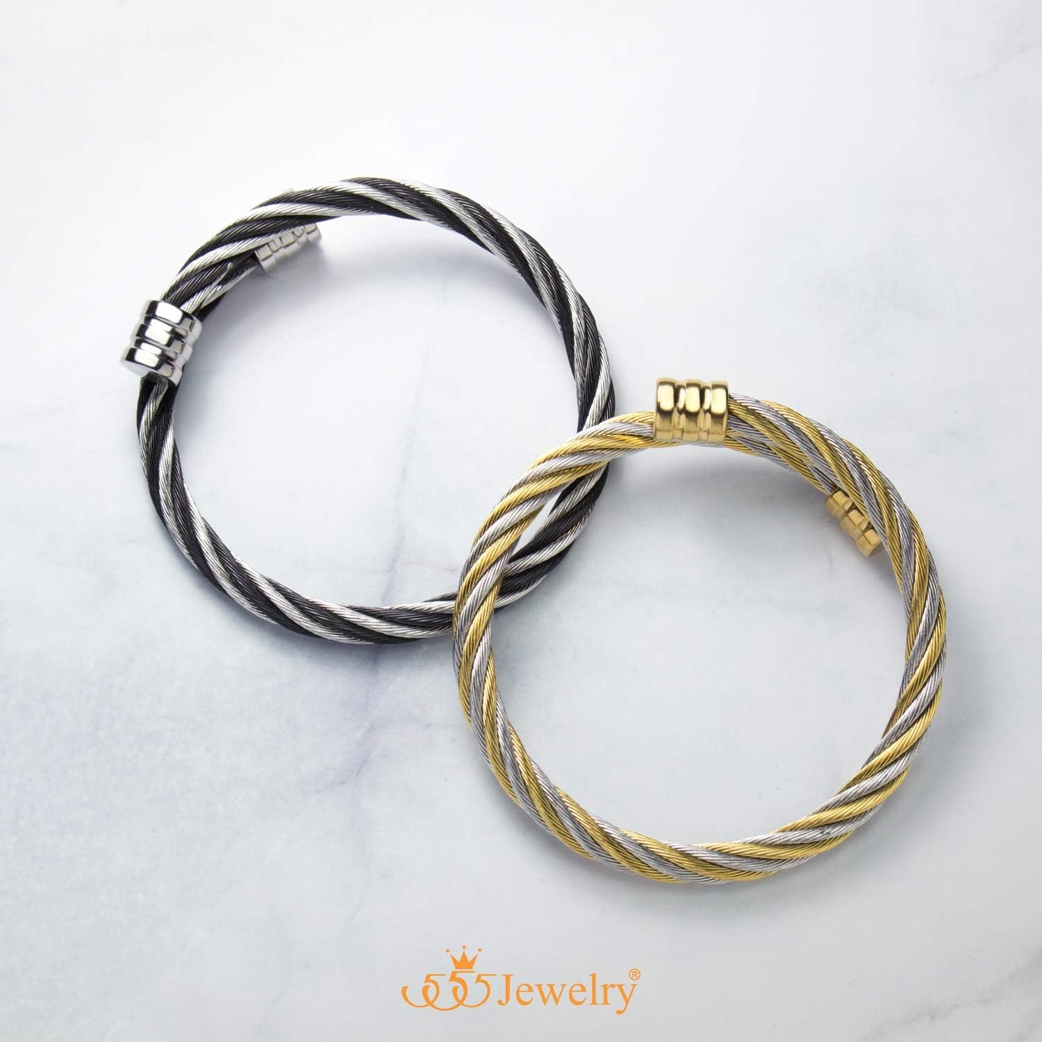 image:image555Jewelry 2 Tone Adjustable Twisted Cable Wire Bangle Bracelet Cuff for Women amp MenSilver Black
