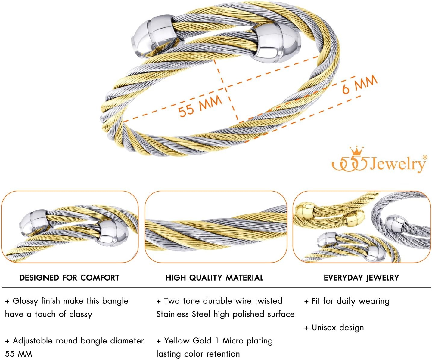 image:image555Jewelry 2 Tone Adjustable Twisted Cable Wire Bangle Bracelet Cuff for Women amp MenSilver Gold Bead Endings