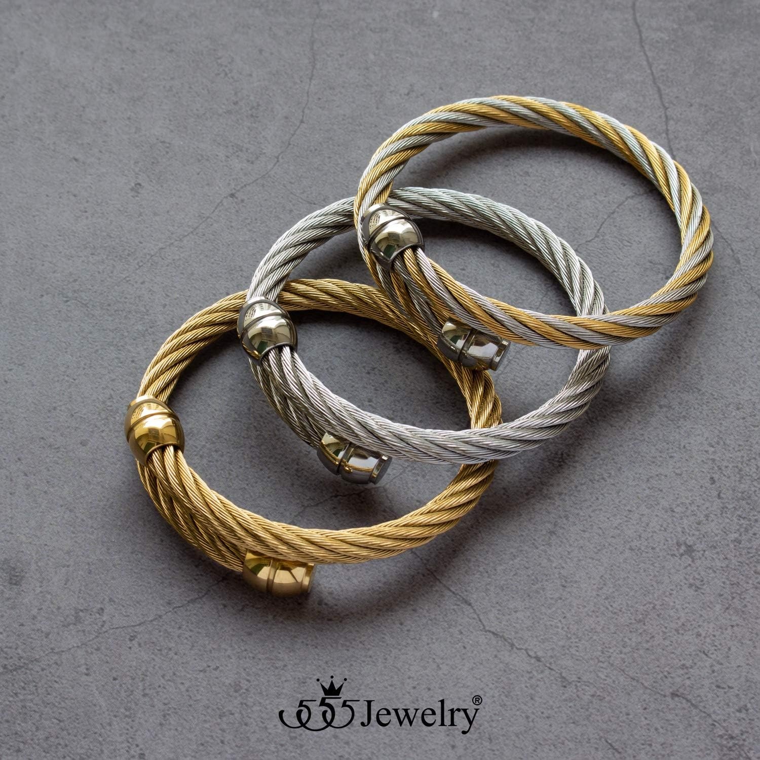 image:image555Jewelry 2 Tone Adjustable Twisted Cable Wire Bangle Bracelet Cuff for Women amp MenSilver Gold Bead Endings