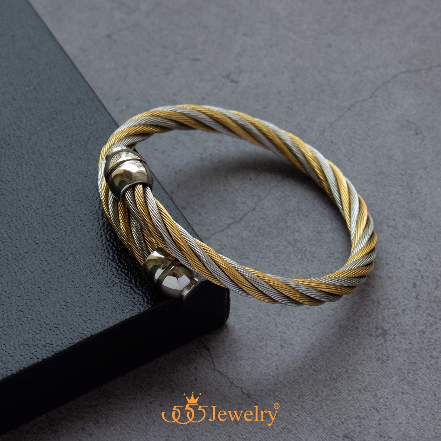 image:image555Jewelry 2 Tone Adjustable Twisted Cable Wire Bangle Bracelet Cuff for Women amp MenSilver Gold Bead Endings