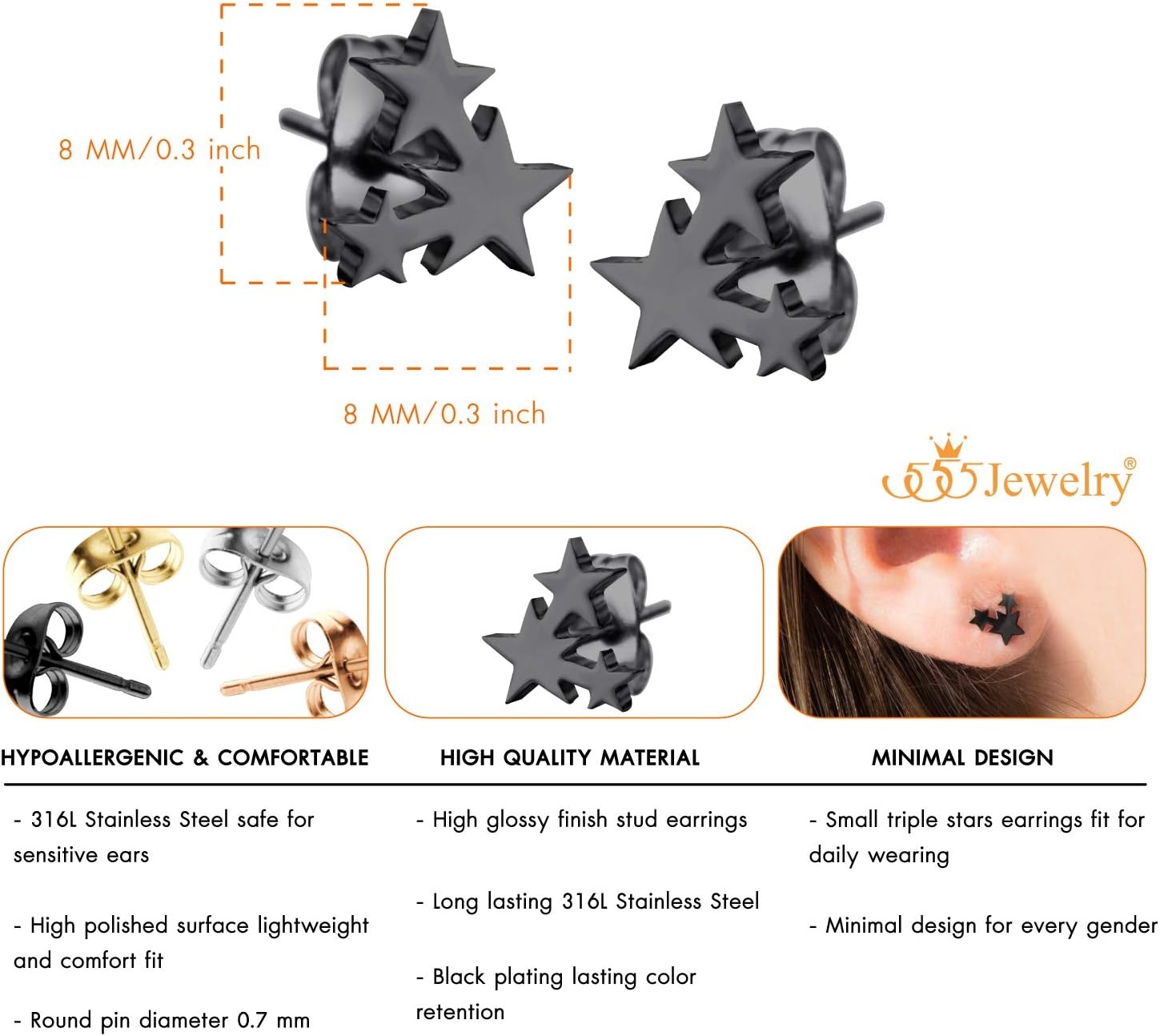 image:image555Jewelry Delicate Small Tiny Triple Stars Stud Earrings for WomenBlack