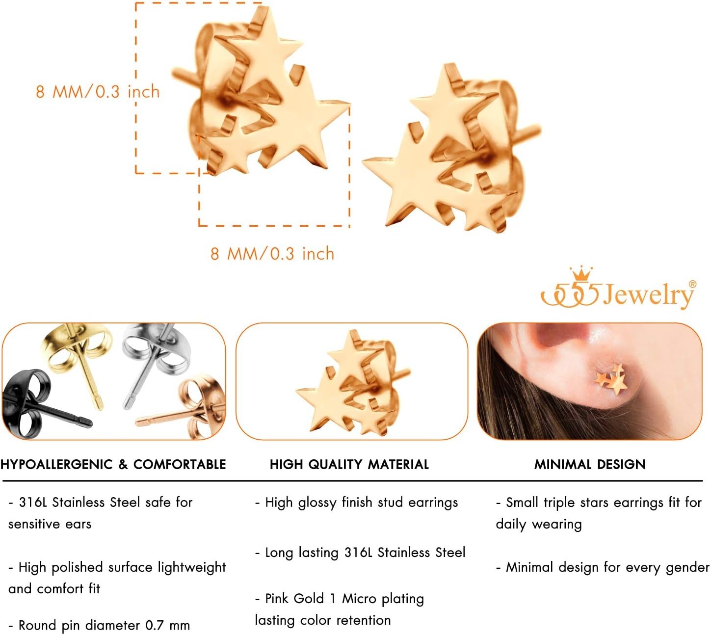 image:image555Jewelry Delicate Small Tiny Triple Stars Stud Earrings for WomenRose Gold