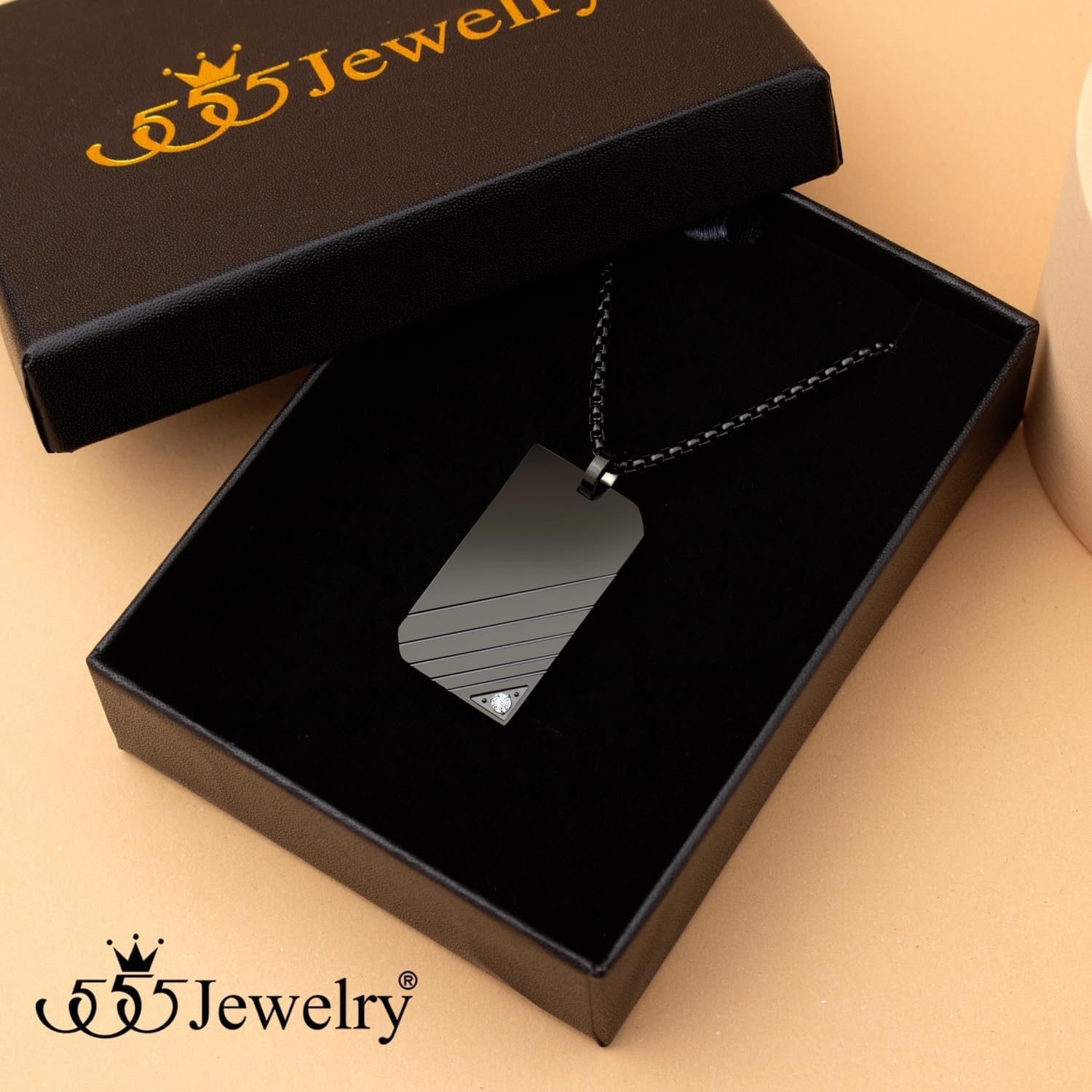 image:image555Jewelry Stainless Steel Diagonal Patterned Dog Tag Pendant Necklace for Men and Women 1624 Inch Chain LinkBlack