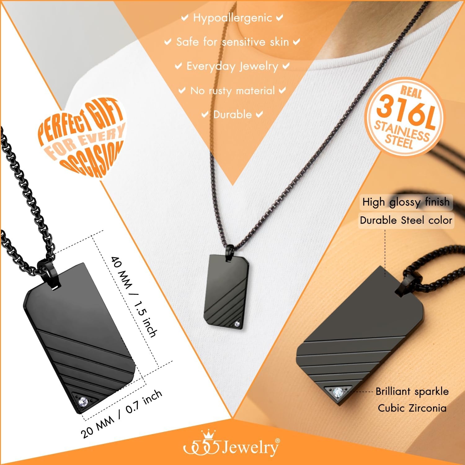 image:image555Jewelry Stainless Steel Diagonal Patterned Dog Tag Pendant Necklace for Men and Women 1624 Inch Chain LinkBlack