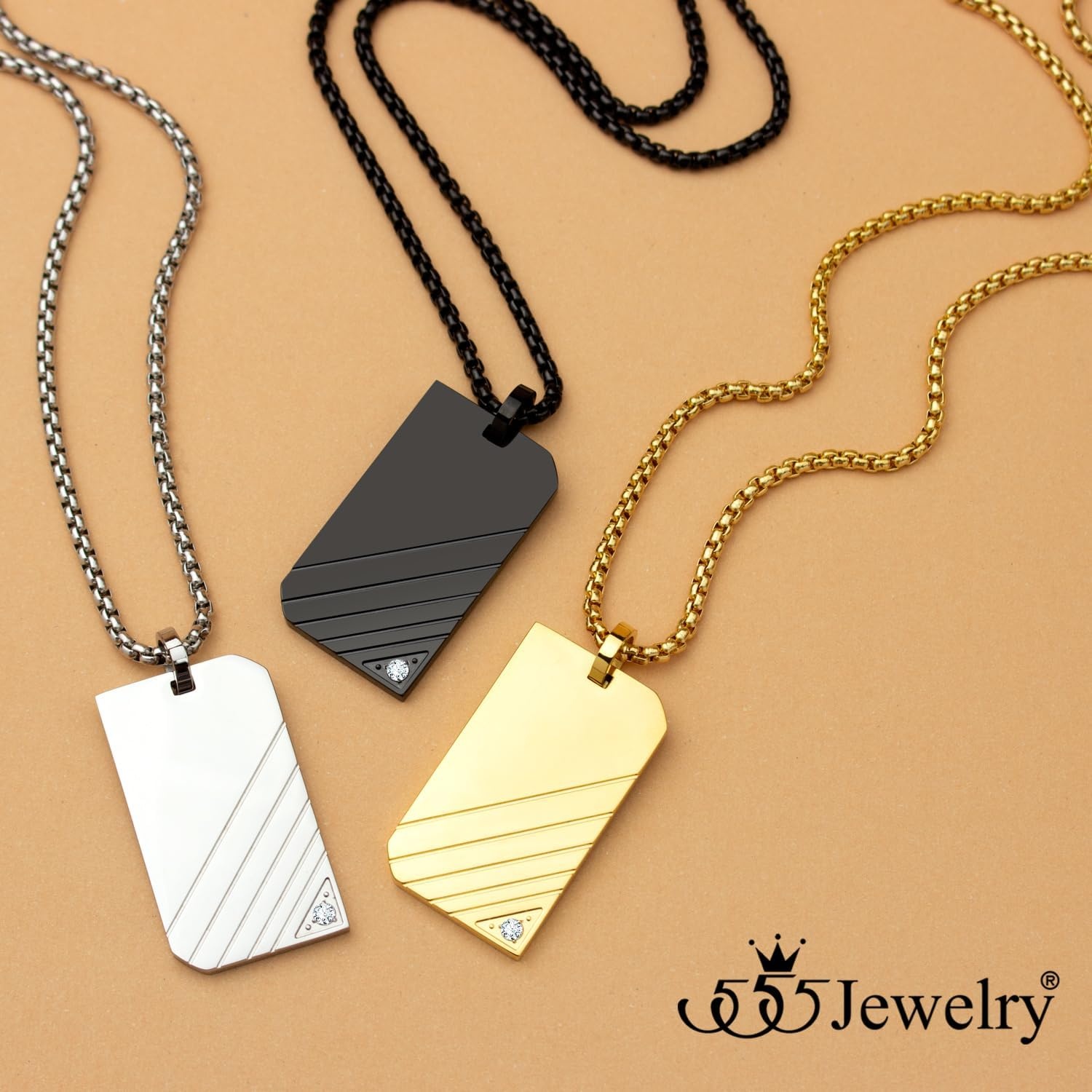 image:image555Jewelry Stainless Steel Diagonal Patterned Dog Tag Pendant Necklace for Men and Women 1624 Inch Chain LinkBlack