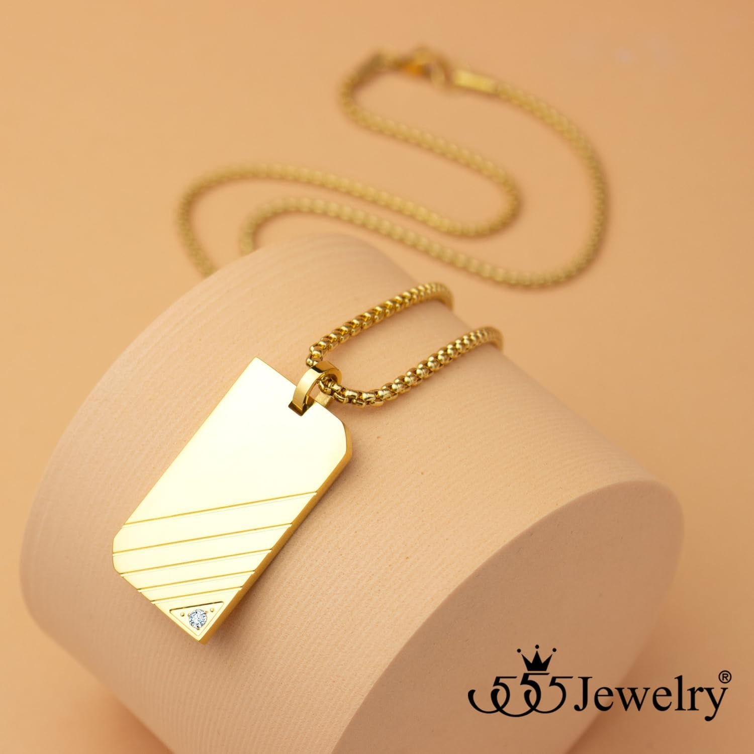 image:image555Jewelry Stainless Steel Diagonal Patterned Dog Tag Pendant Necklace for Men and Women 1624 Inch Chain LinkGold