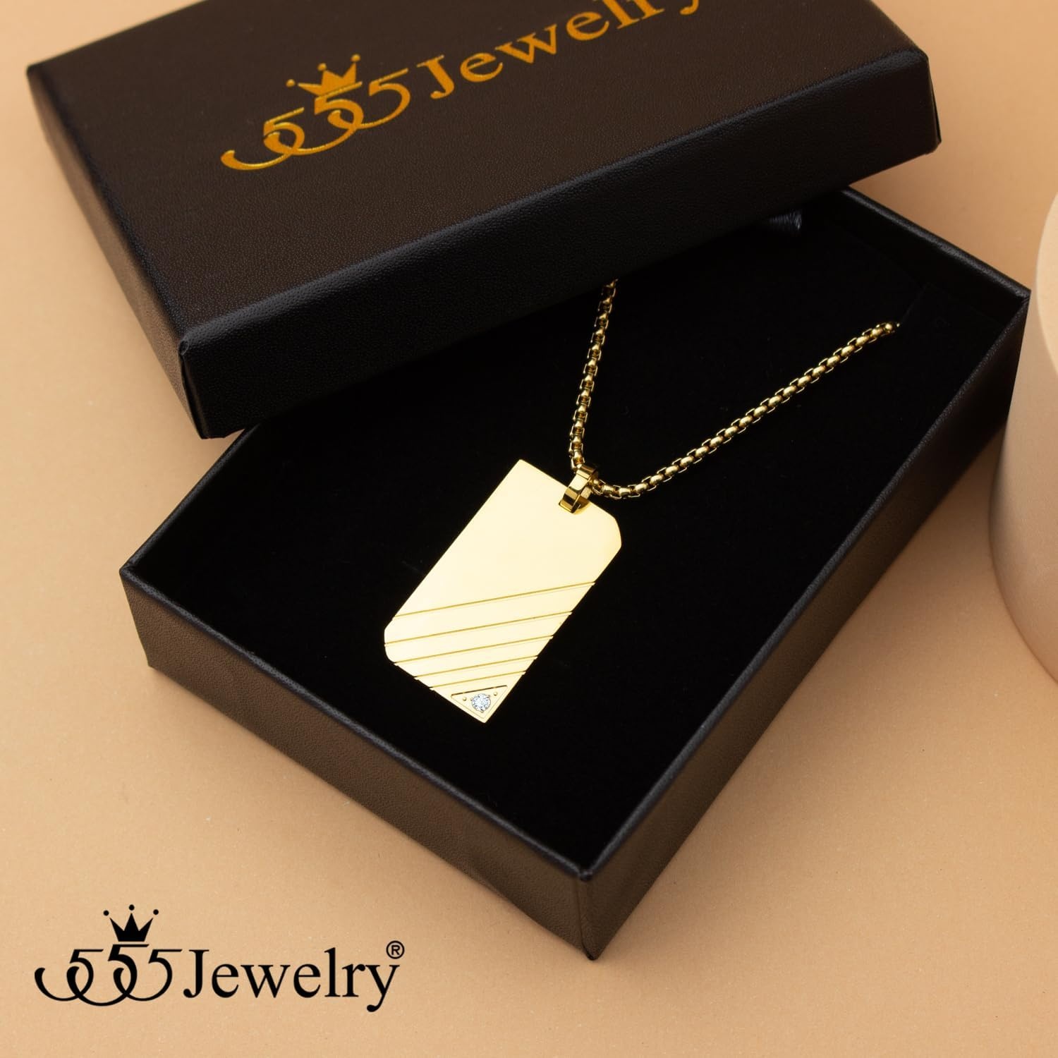 image:image555Jewelry Stainless Steel Diagonal Patterned Dog Tag Pendant Necklace for Men and Women 1624 Inch Chain LinkGold