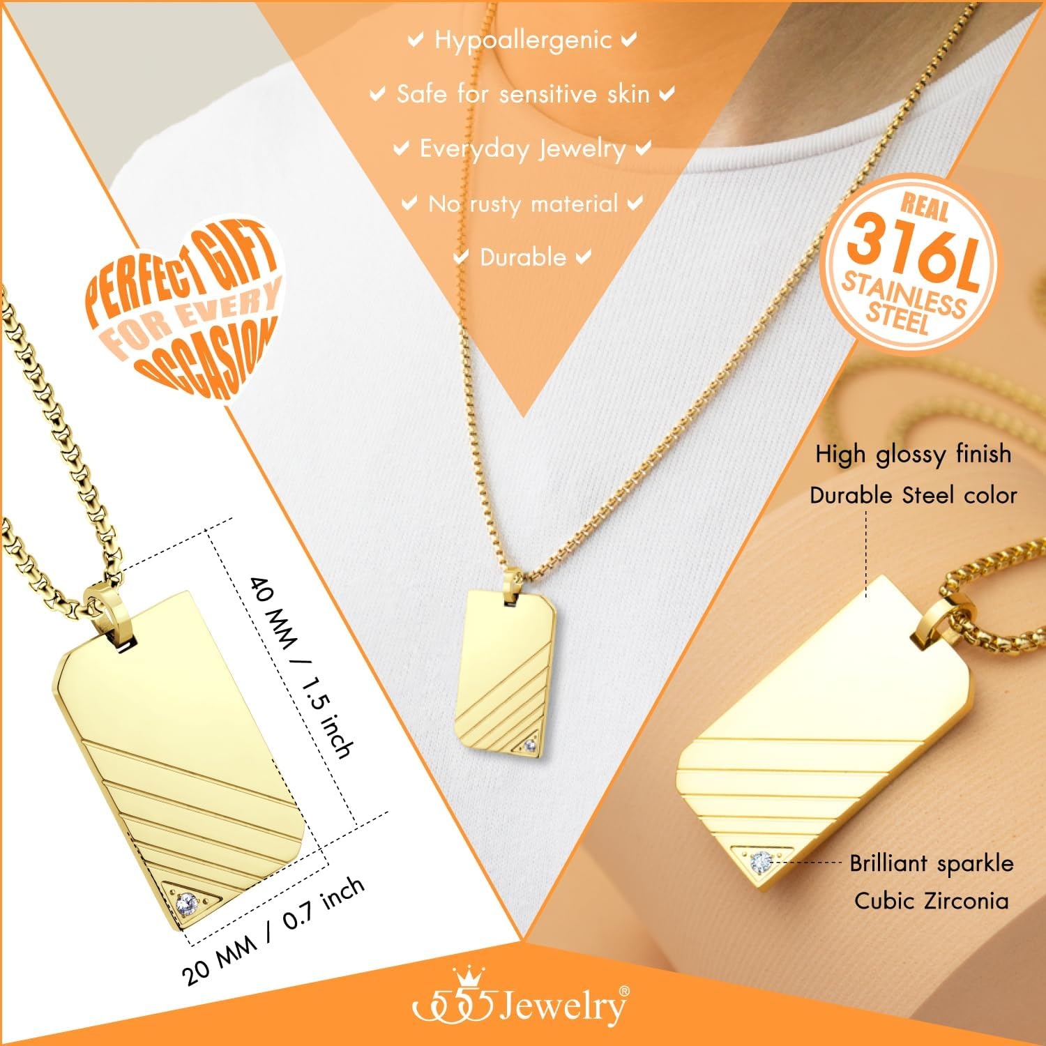 image:image555Jewelry Stainless Steel Diagonal Patterned Dog Tag Pendant Necklace for Men and Women 1624 Inch Chain LinkGold