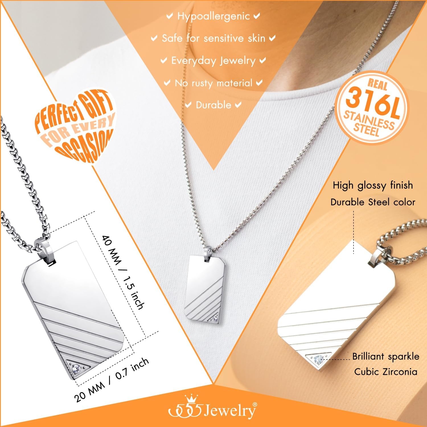 image:image555Jewelry Stainless Steel Diagonal Patterned Dog Tag Pendant Necklace for Men and Women 1624 Inch Chain LinkSilver