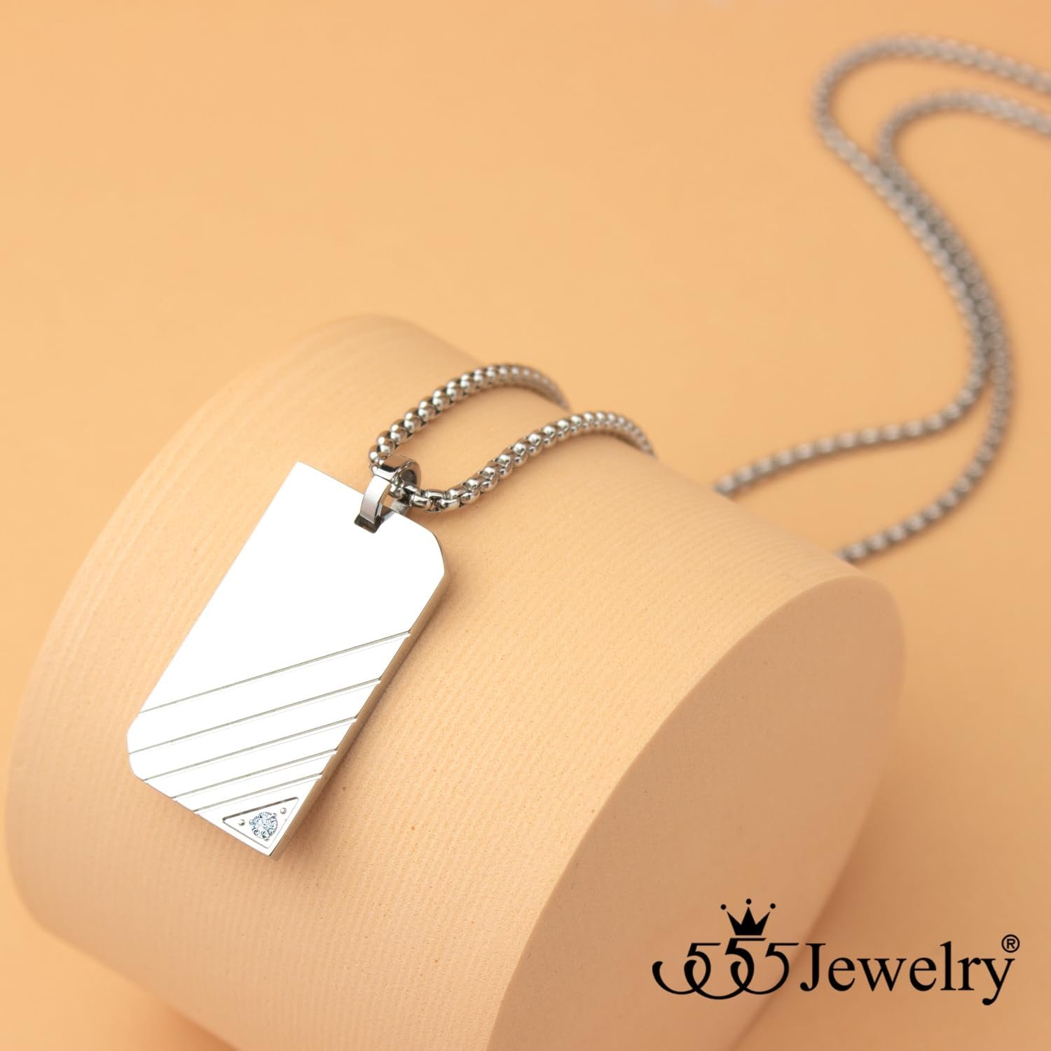image:image555Jewelry Stainless Steel Diagonal Patterned Dog Tag Pendant Necklace for Men and Women 1624 Inch Chain LinkSilver