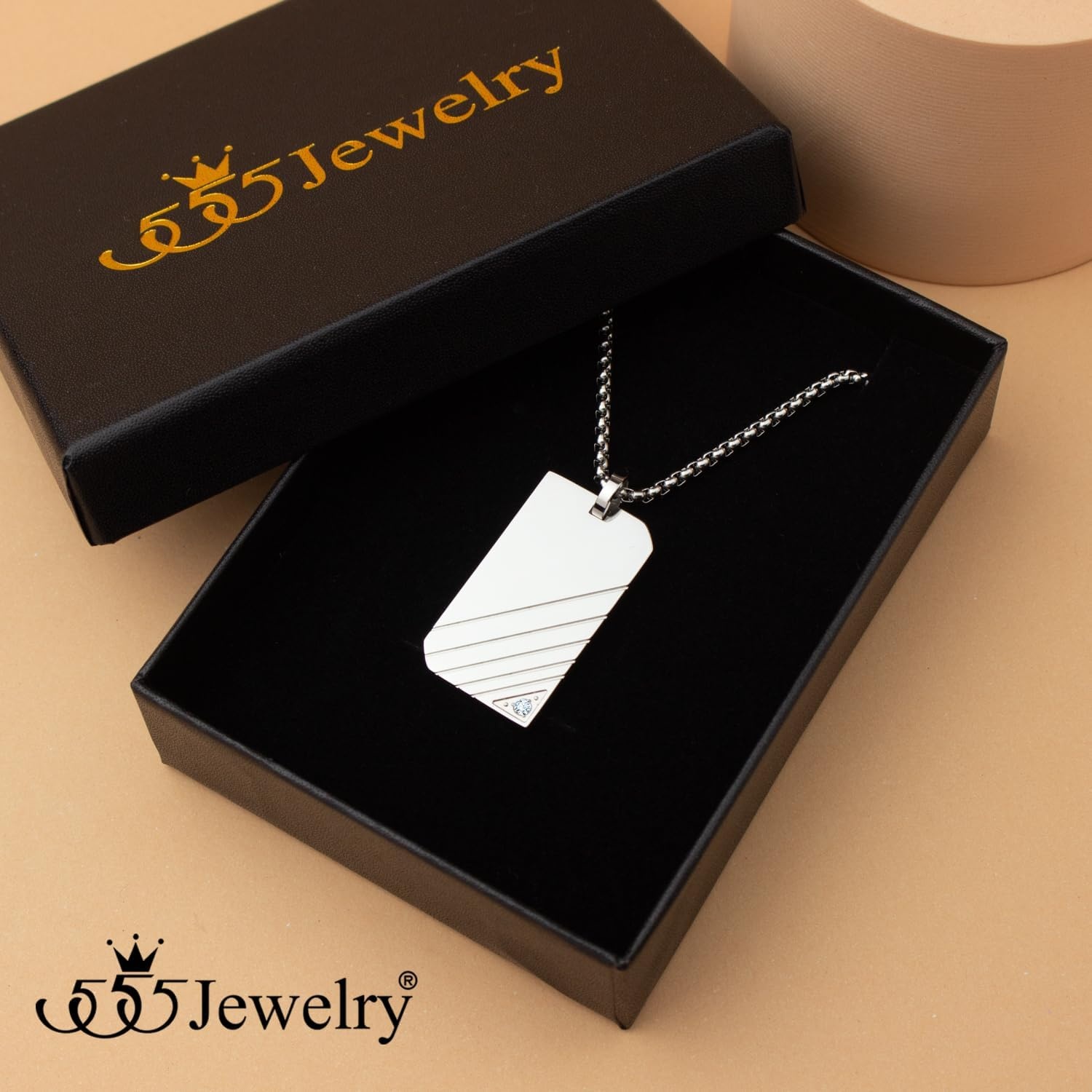 image:image555Jewelry Stainless Steel Diagonal Patterned Dog Tag Pendant Necklace for Men and Women 1624 Inch Chain LinkSilver