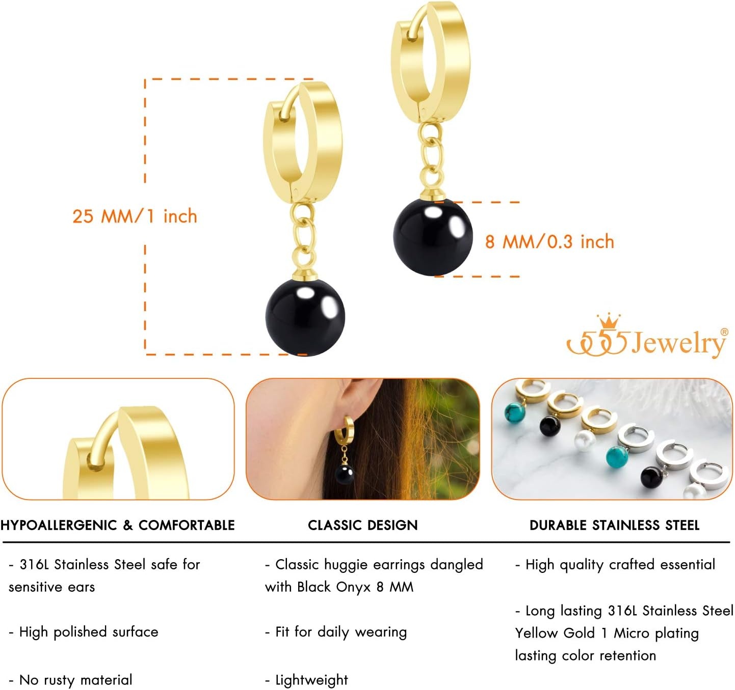 image:image555Jewelry Stainless Steel Huggie Dangle Pearl Onyx Turquoise Earrings for WomenGold Onyx