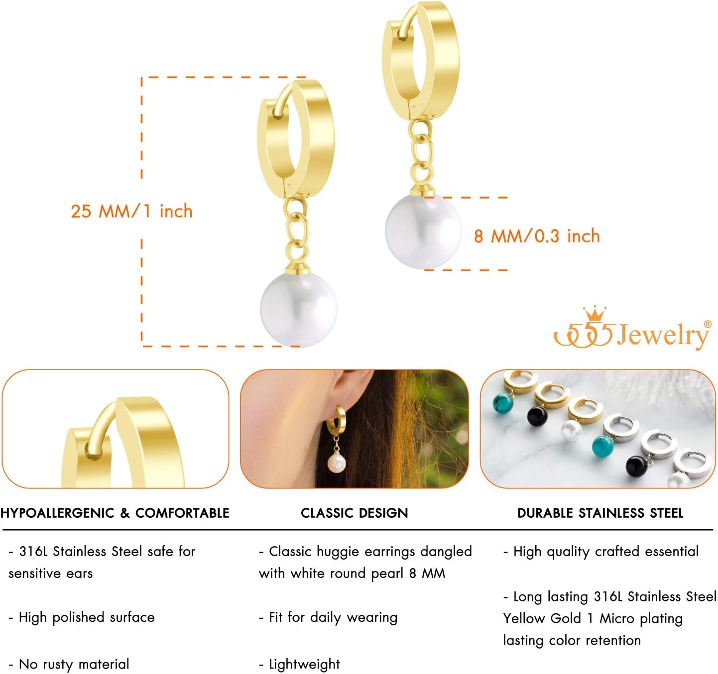 image:image555Jewelry Stainless Steel Huggie Dangle Pearl Onyx Turquoise Earrings for WomenGold Pearl