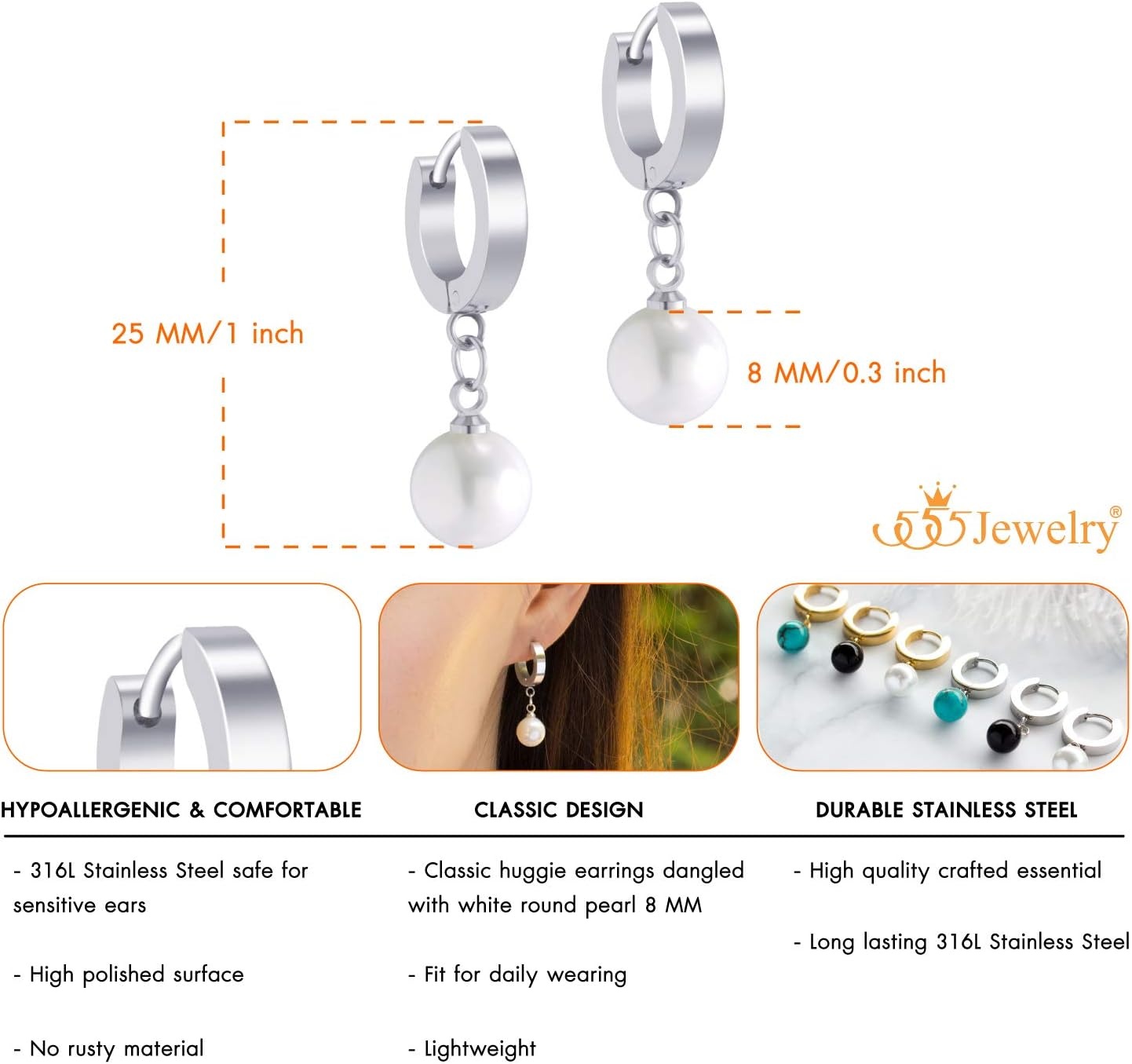 image:image555Jewelry Stainless Steel Huggie Dangle Pearl Onyx Turquoise Earrings for WomenSilver Pearl