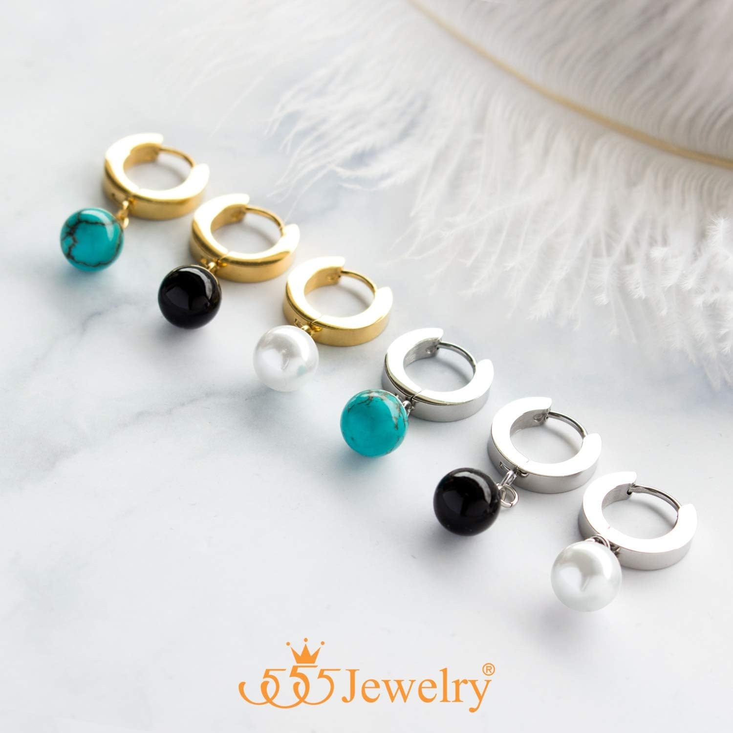 image:image555Jewelry Stainless Steel Huggie Dangle Pearl Onyx Turquoise Earrings for WomenSilver Pearl