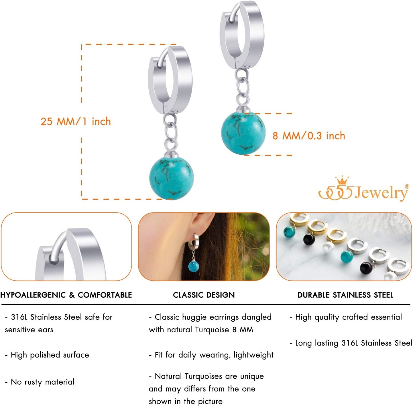 image:image555Jewelry Stainless Steel Huggie Dangle Pearl Onyx Turquoise Earrings for WomenSilver Turquoise