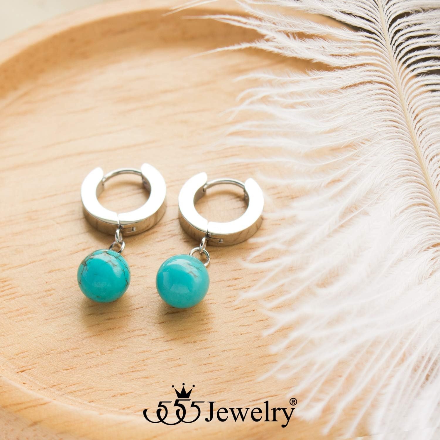 image:image555Jewelry Stainless Steel Huggie Dangle Pearl Onyx Turquoise Earrings for WomenSilver Turquoise