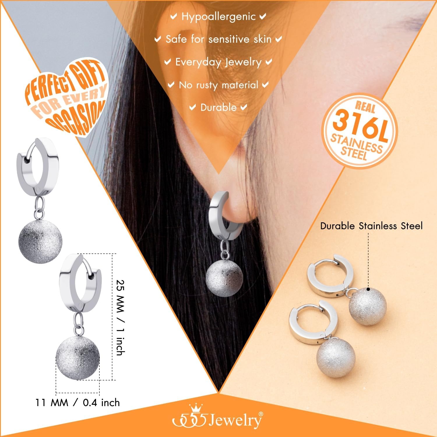 image:image555Jewelry Stainless Steel Huggie Dangle Pearl Onyx Turquoise Earrings for WomenSilver Matt