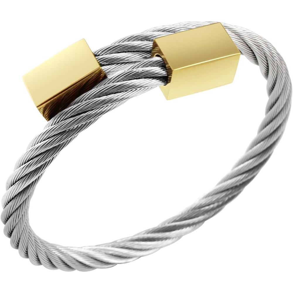 image:image555Jewelry 2 Tone Adjustable Twisted Cable Wire Bangle Bracelet Cuff for Women amp MenGold Square Endings
