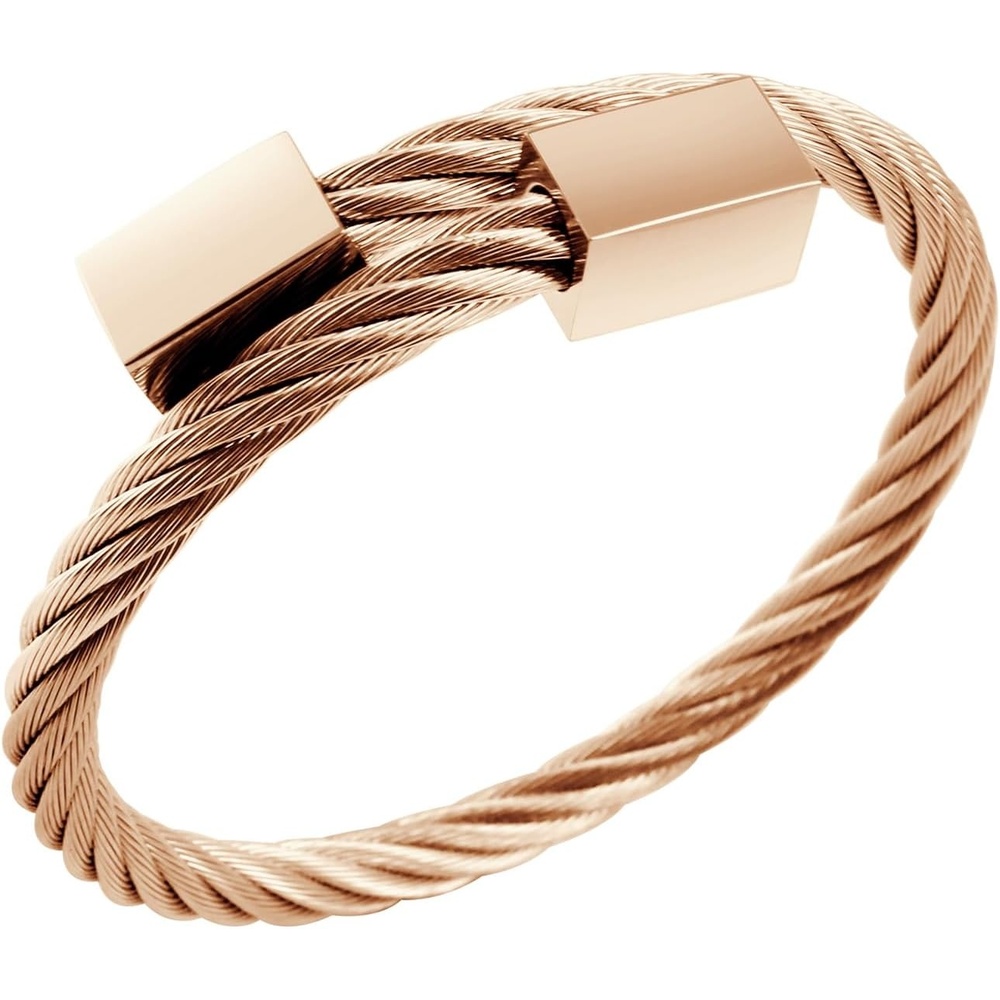 image:image555Jewelry 2 Tone Adjustable Twisted Cable Wire Bangle Bracelet Cuff for Women amp MenRose Gold Square Endings