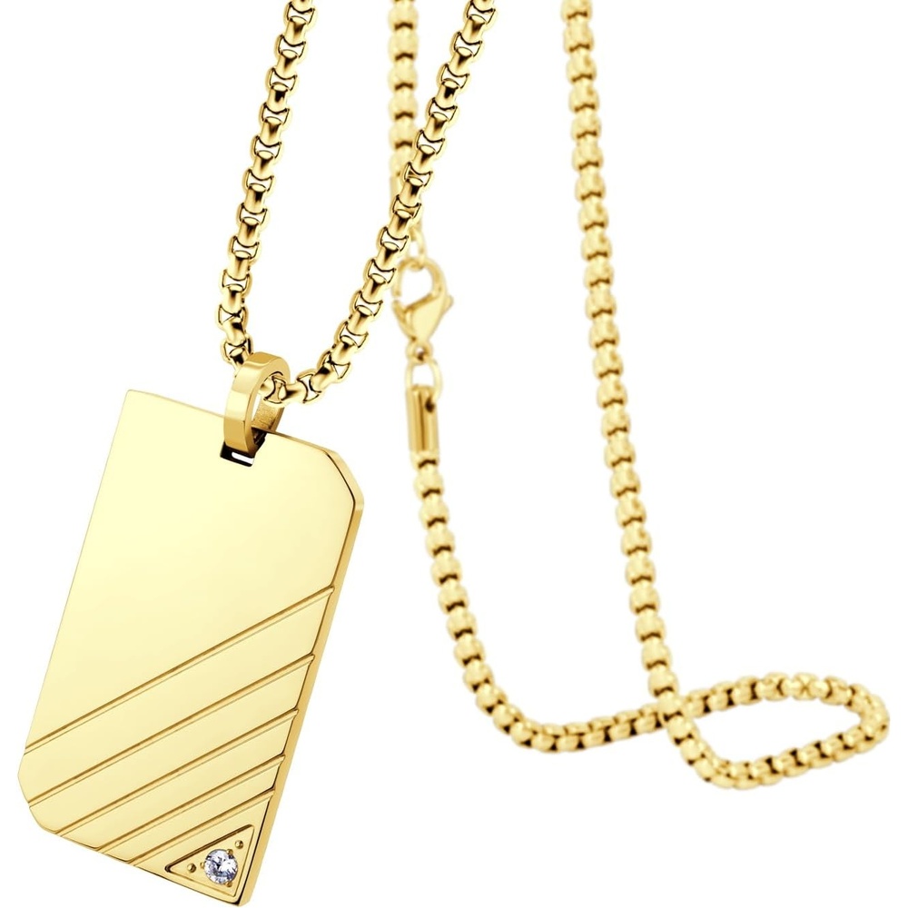 image:image555Jewelry Stainless Steel Diagonal Patterned Dog Tag Pendant Necklace for Men and Women 1624 Inch Chain LinkGold