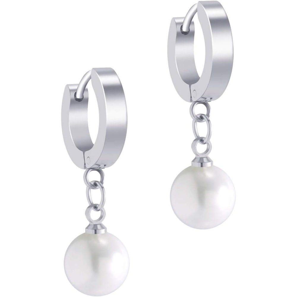 image:image555Jewelry Stainless Steel Huggie Dangle Pearl Onyx Turquoise Earrings for WomenSilver Pearl