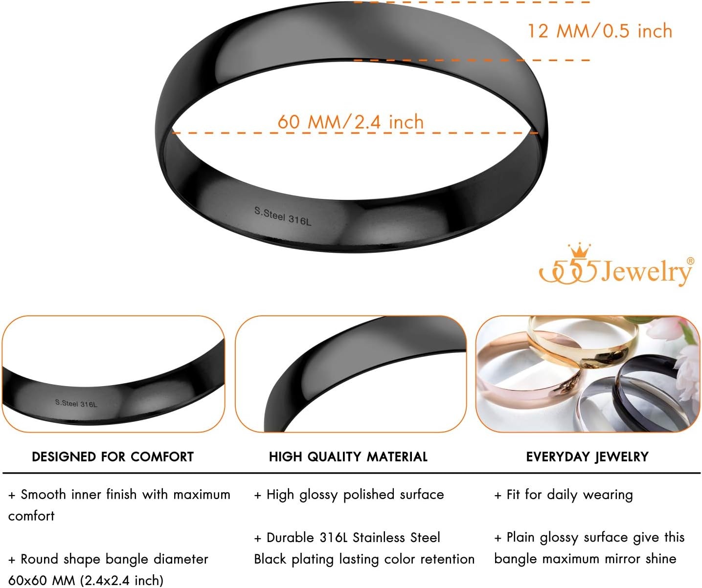 image:image555Jewelry 12mm Wide Stainless Steel Solid Slip On Bangle Bracelet for Women With Small WristBlack Small