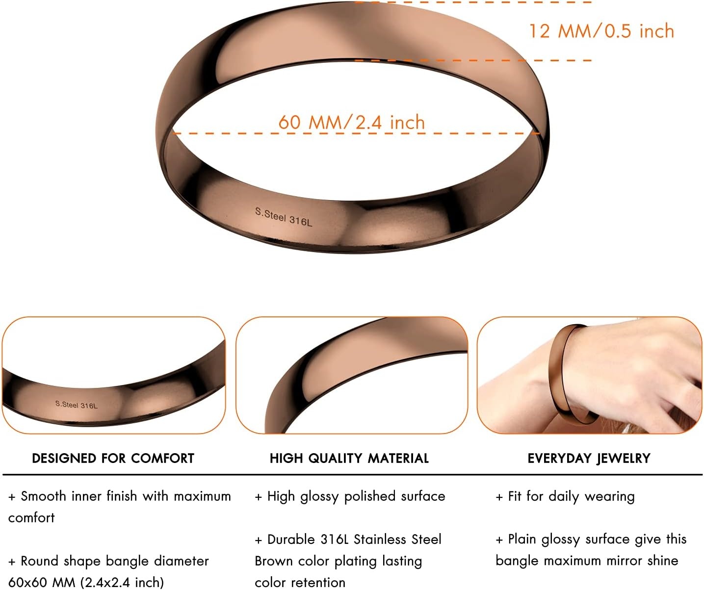 image:image555Jewelry 12mm Wide Stainless Steel Solid Slip On Bangle Bracelet for Women With Small WristCoffee Small