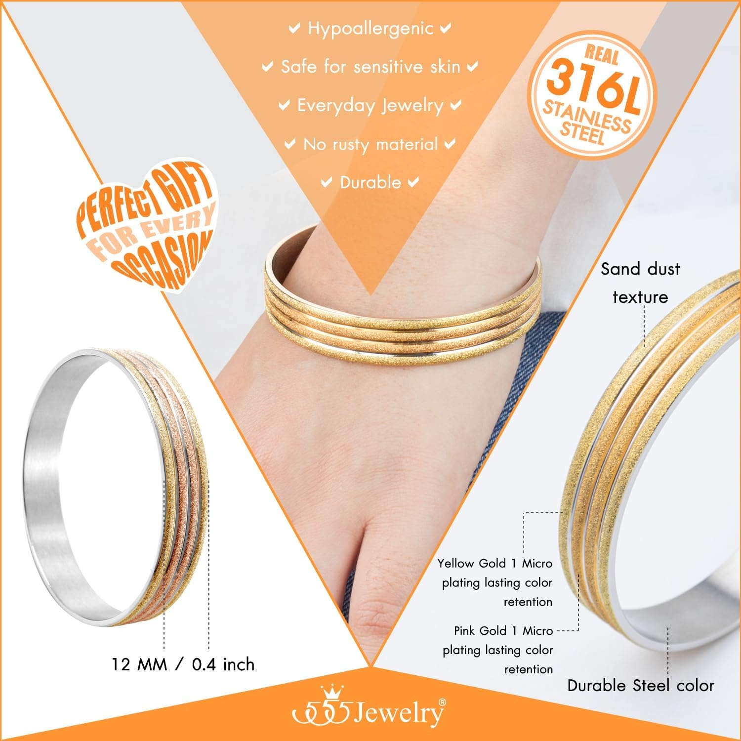 image:image555Jewelry 12mm Wide Stainless Steel Solid Slip On Bangle Bracelet for Women With Small WristSandblast Multicolor Large