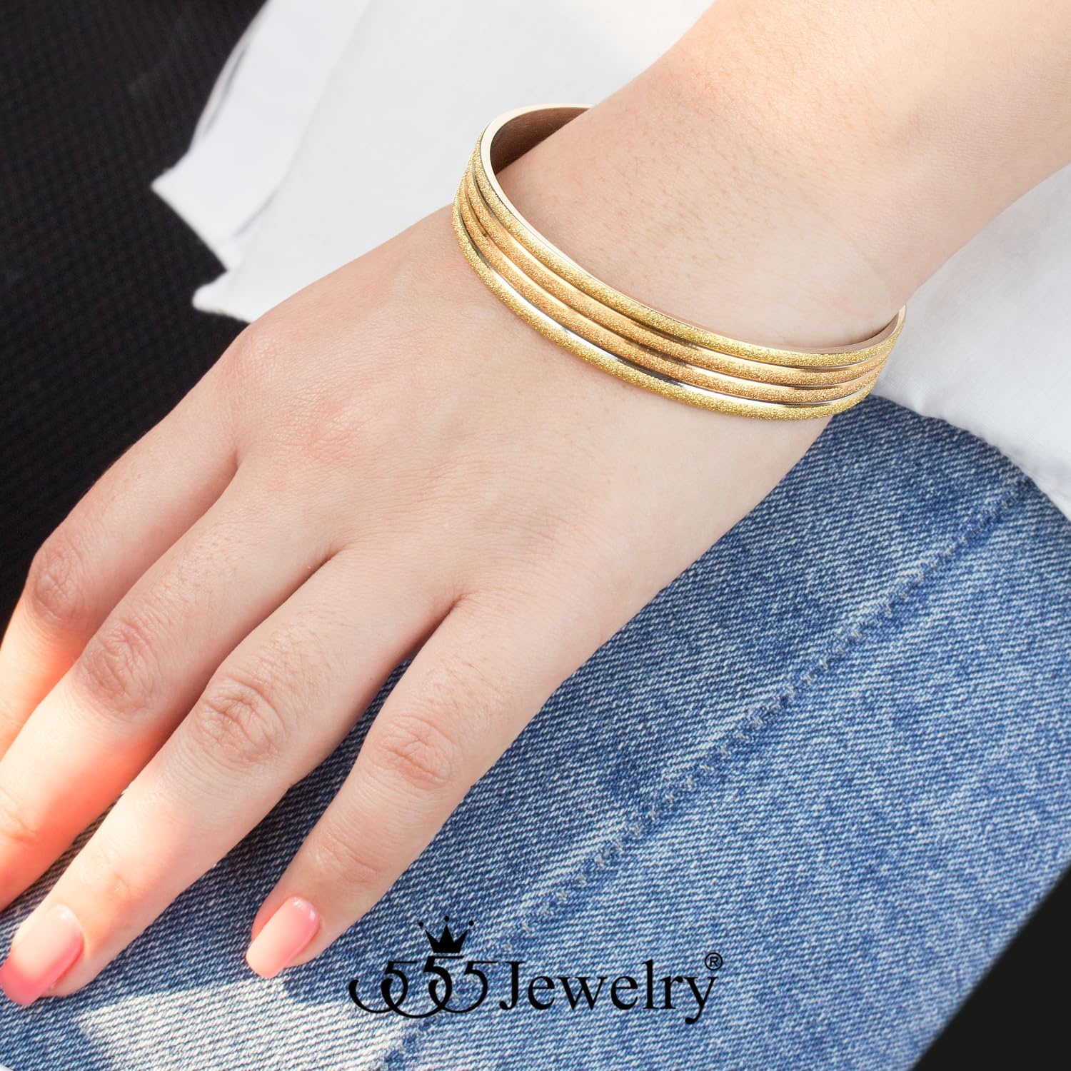 image:image555Jewelry 12mm Wide Stainless Steel Solid Slip On Bangle Bracelet for Women With Small WristSandblast Multicolor Large
