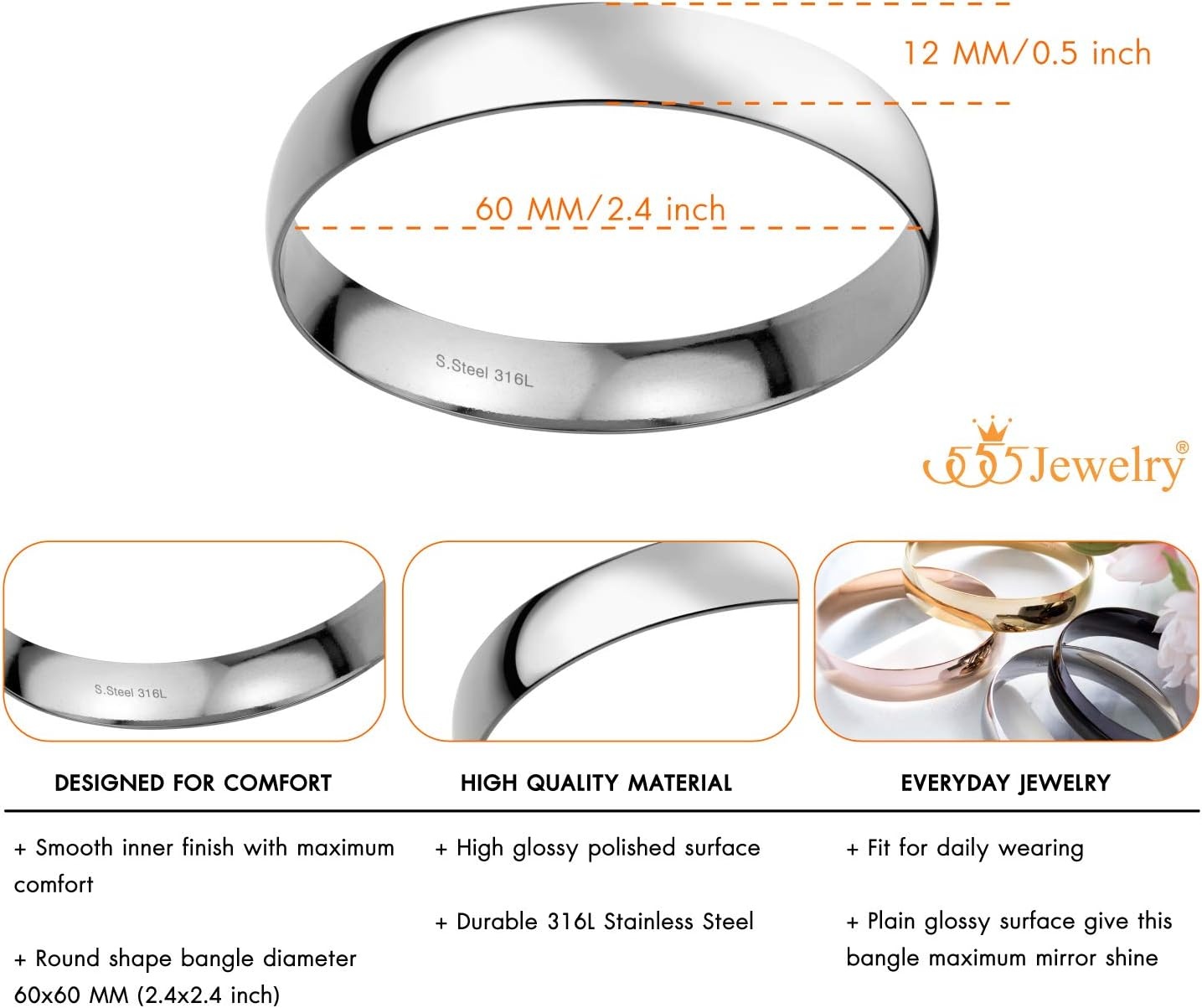 image:image555Jewelry 12mm Wide Stainless Steel Solid Slip On Bangle Bracelet for Women With Small WristSilver Small