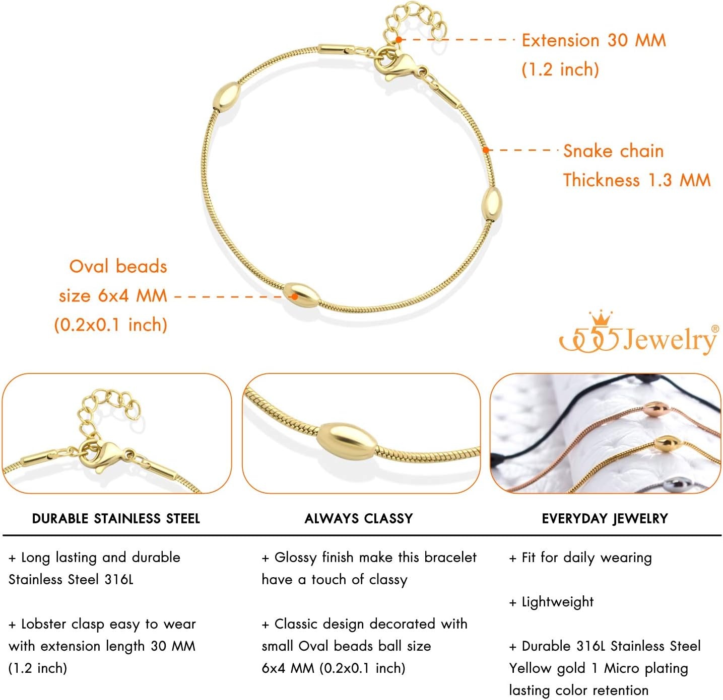 image:image555Jewelry 15mm Adjustable Stainless Steel Snake Chain Bead Bracelet for Women 75 InchGold