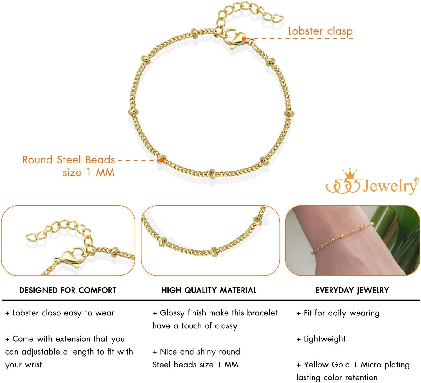 image:image555Jewelry 2mm Stainless Steel Adjustable Ball Bead Bracelet for Women 75 InchGold