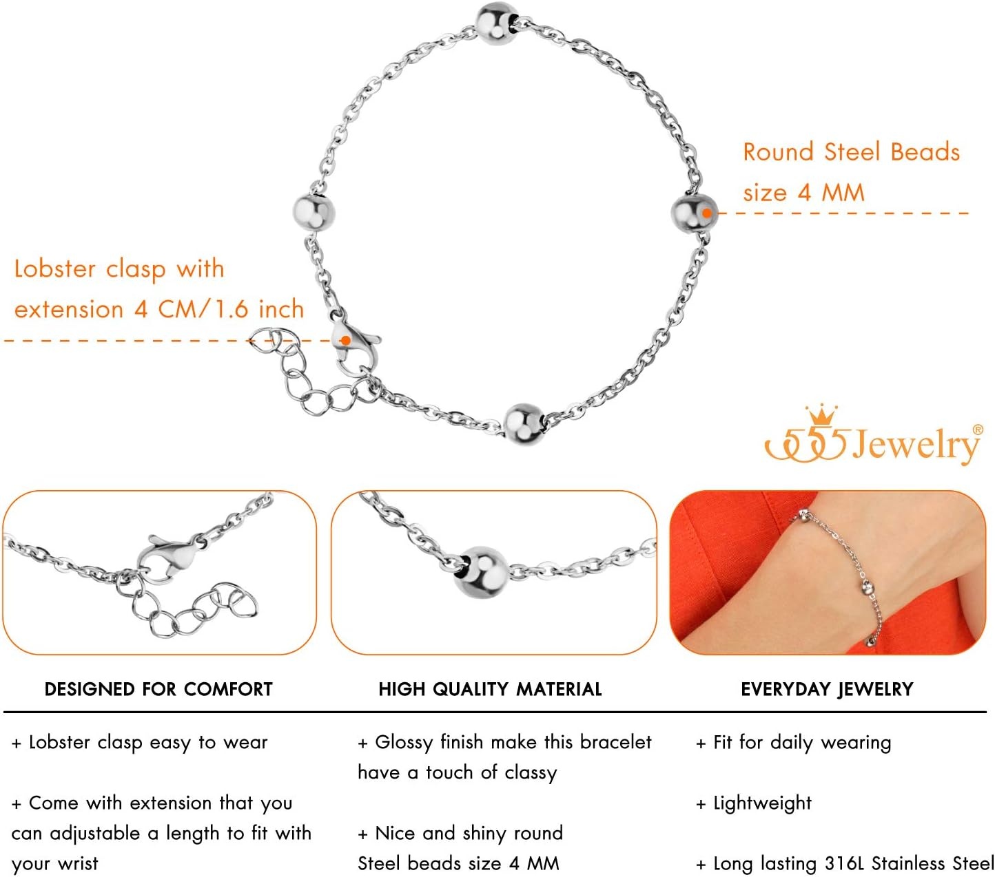 image:image555Jewelry 2mm Stainless Steel Adjustable Cable Link Chain Bead Bracelets for Women Dainty Bracelets for Women Beaded Bracelets for Ladies Womens Beaded Bracelets Sliver 8 InchSilver